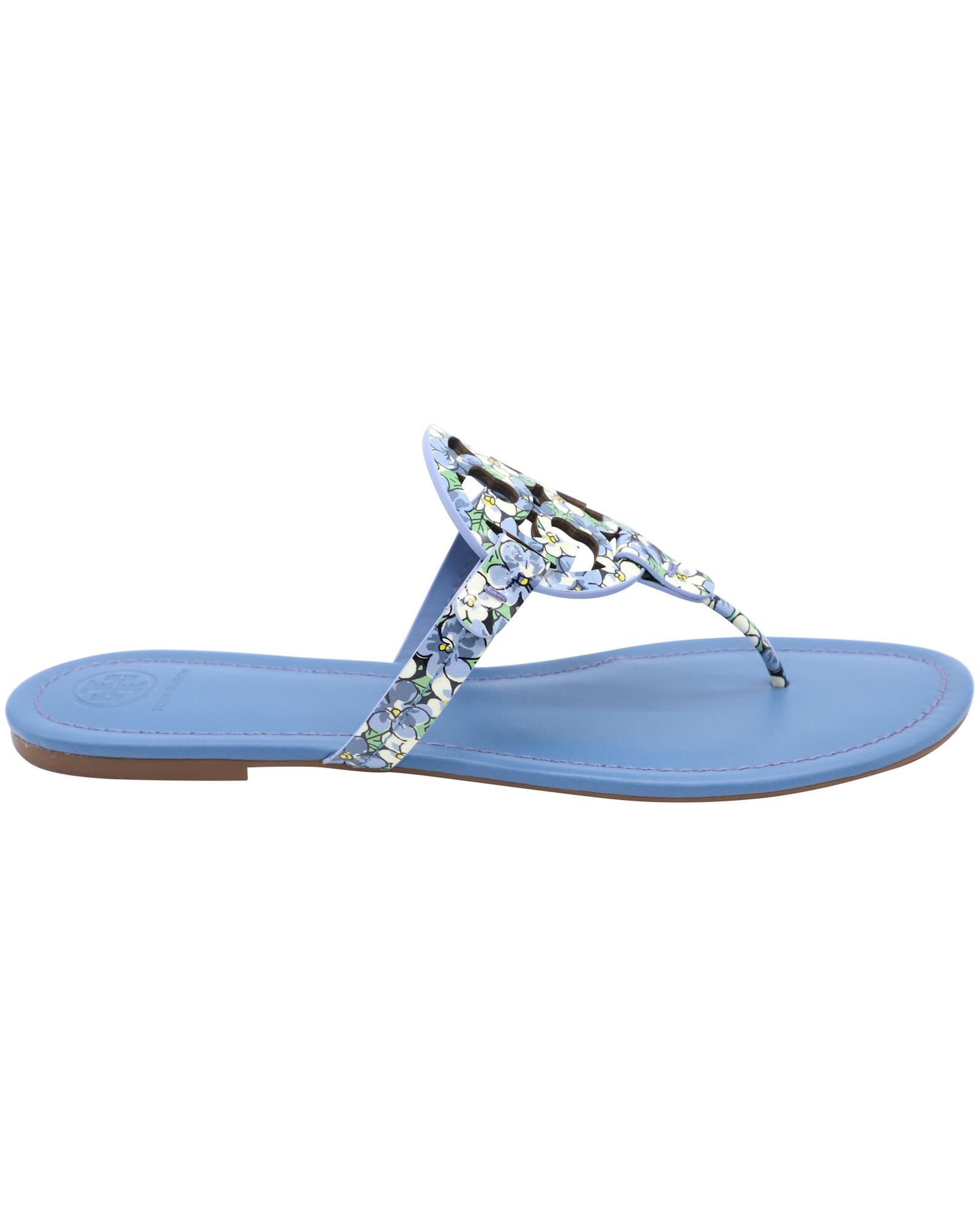 image of Tory Burch Iconic Blue Leather Miller Sandals With Laser-Cut Logo in Blue Print, Women's (Size 11)