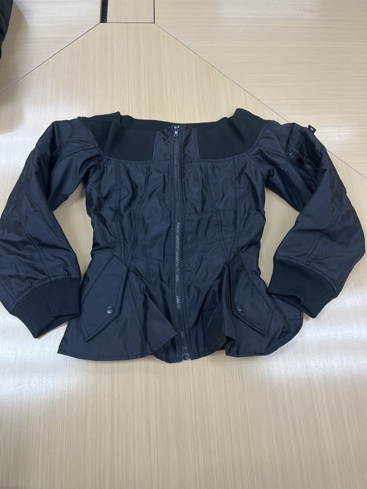 image of Ktz Off Shoulder Bomber Fitted Jacket in Black, Women's (Size Medium)