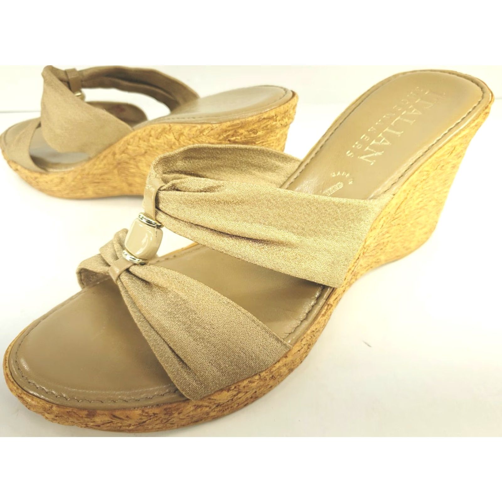 Vintage ITALIAN Shoemaker Gold Metallic Skin Tone Wedge Slide Sandal Womens 8M ITALY Size US 8 / IT 38 - 2 Thumbnail
