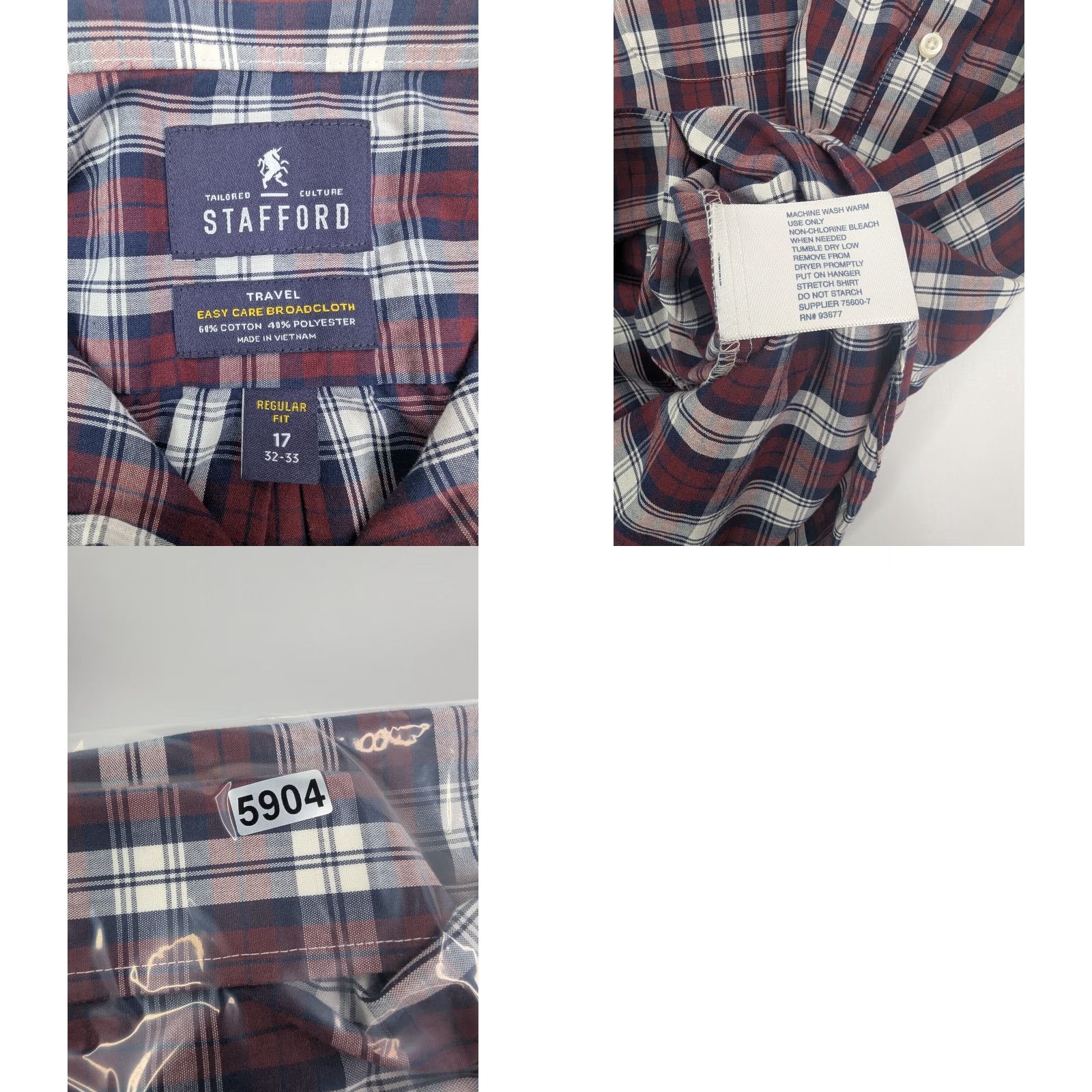 Stafford Stafford Dress Shirt Men's 17 32/33 Maroon Travel Easy Care Check Broadcloth Shirt Red Cotton Blend Knit Size 46R - 8 Thumbnail
