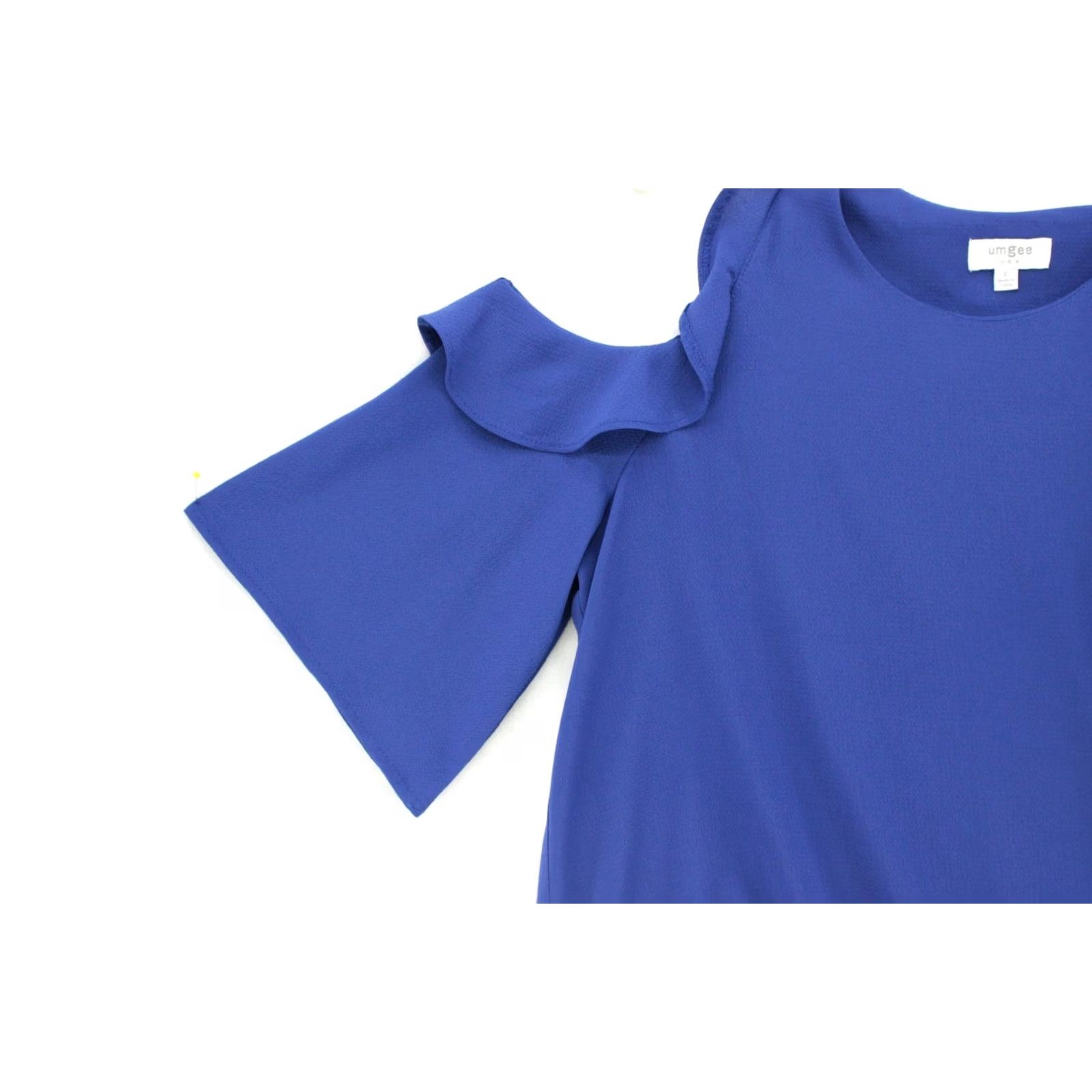 Vintage UMGEE Top Womens Large Blue Ruffled Cold Shoulder Short Sleeve Boho Peasant Shirt Blouse Size L / US 10 / IT 46 - 2 Thumbnail