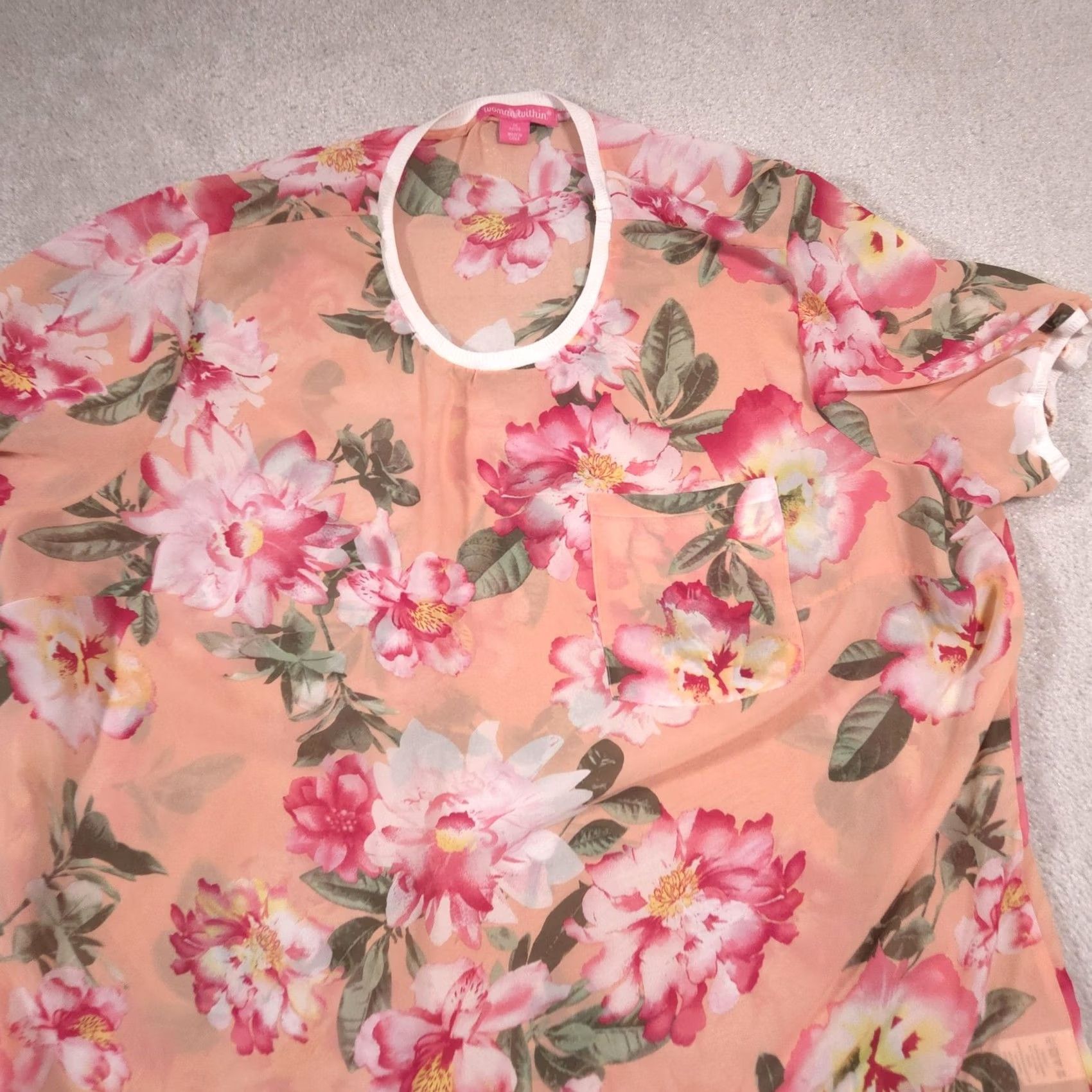 Vintage Woman Within Blouse Womens 1X Pink Floral Sheer Dolman Sleeve Chiffon Tunic Top Size XL / US 12-14 / IT 48-50 - 3 Thumbnail