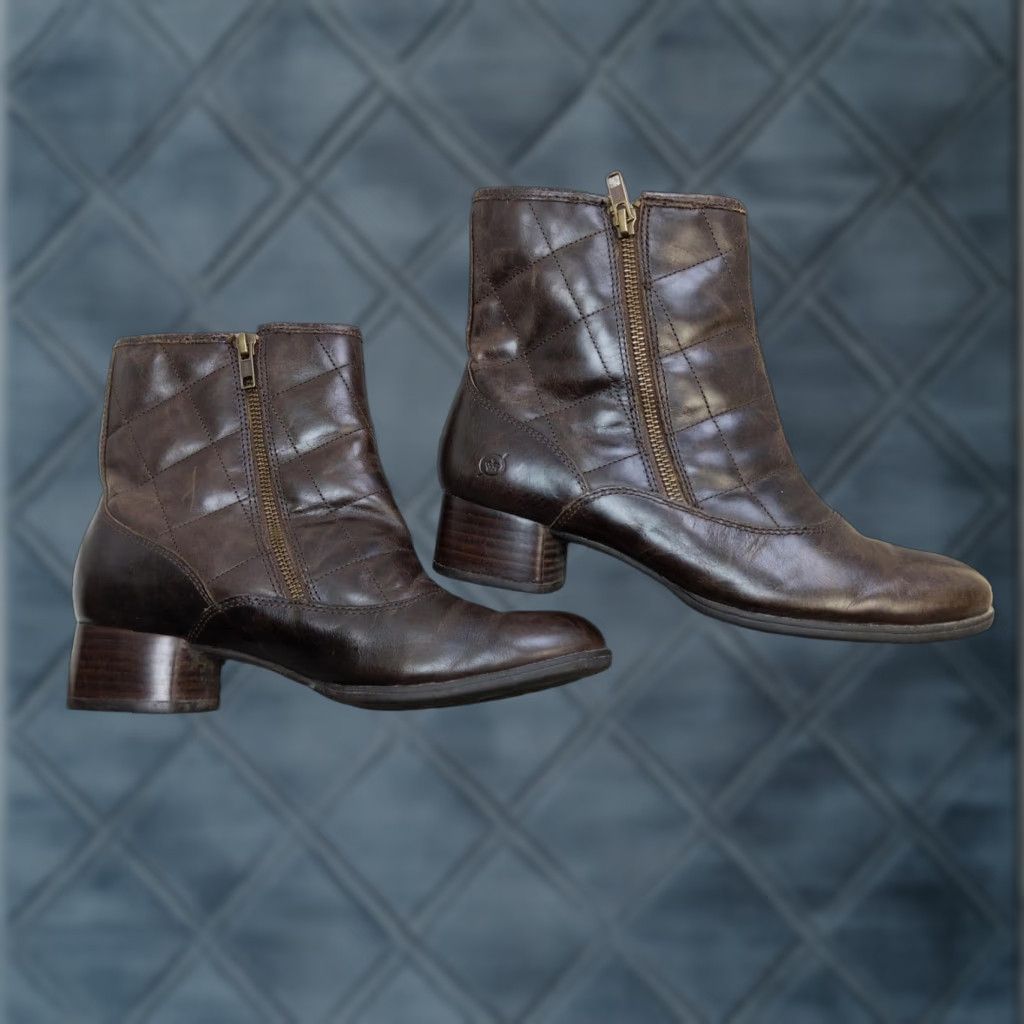Born Born Boots Womens Size 9 Brown Leather Quilted Ankle Zip Block Heel Booties Size US 9 / IT 39 - 1 Thumbnail