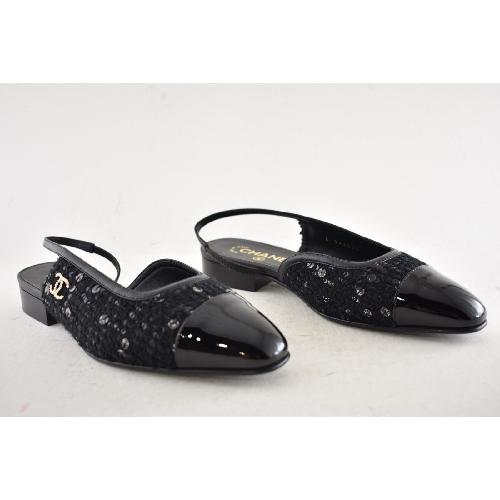Chanel Chanel Black Wool Tweed Patent CC Slingback Flat 38 Size US 8 / IT 38 - 10 Thumbnail