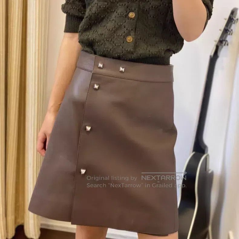 Hermes Hermes Brown Stud Sheepskin Skirt Size 42" / US 20 - 7 Thumbnail