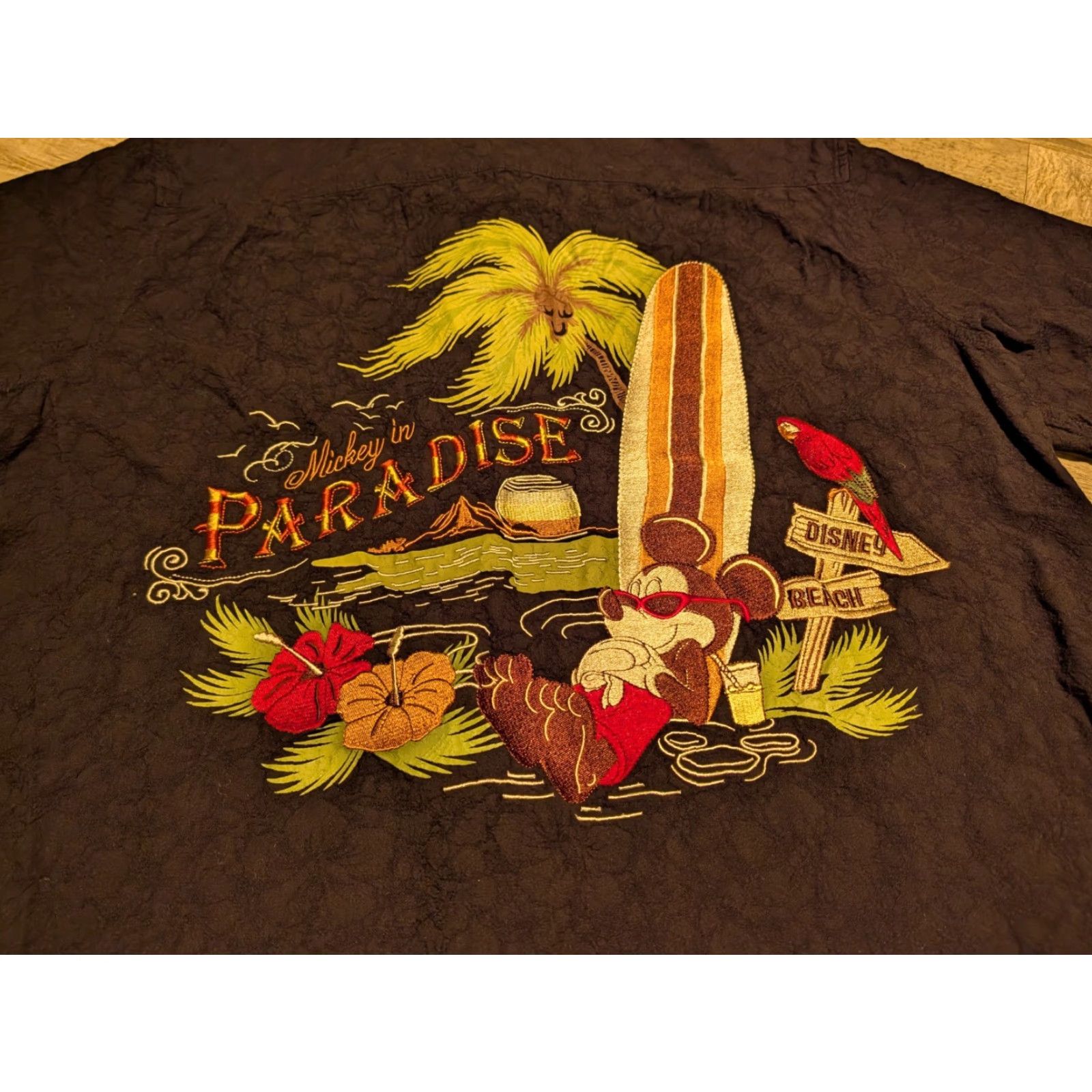 Disney Disney Mickey Mouse Floral Embroidered Button-Up Camp Shirt Mens XL Black Casual Size US XL / EU 56 / 4 - 2 Thumbnail
