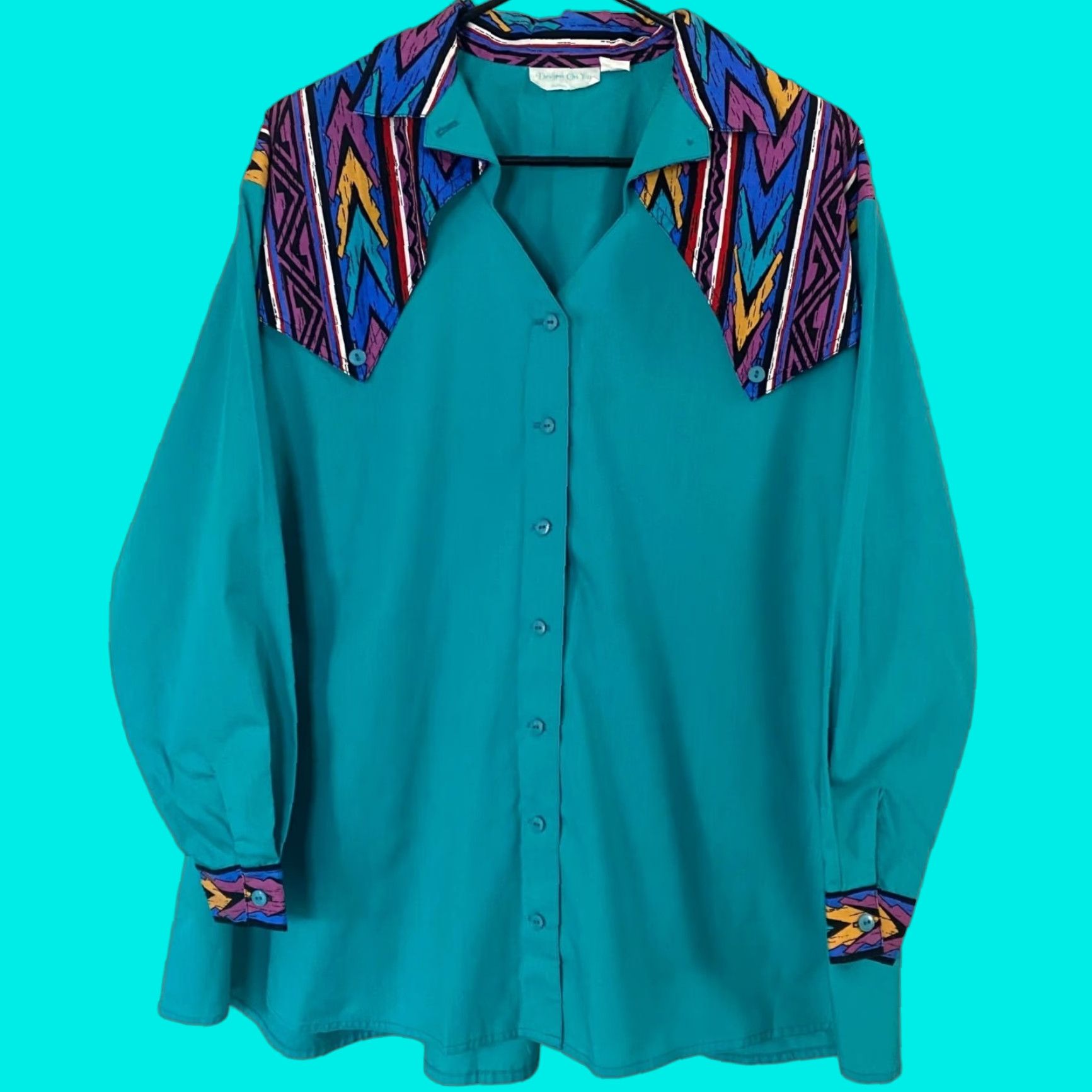 Vintage VINTAGE Designs On You Western Rodeo Button-Up Shirt Womens M Blue Aztec Print Long-Sleeve Size M / US 6-8 / IT 42-44 - 1 Thumbnail