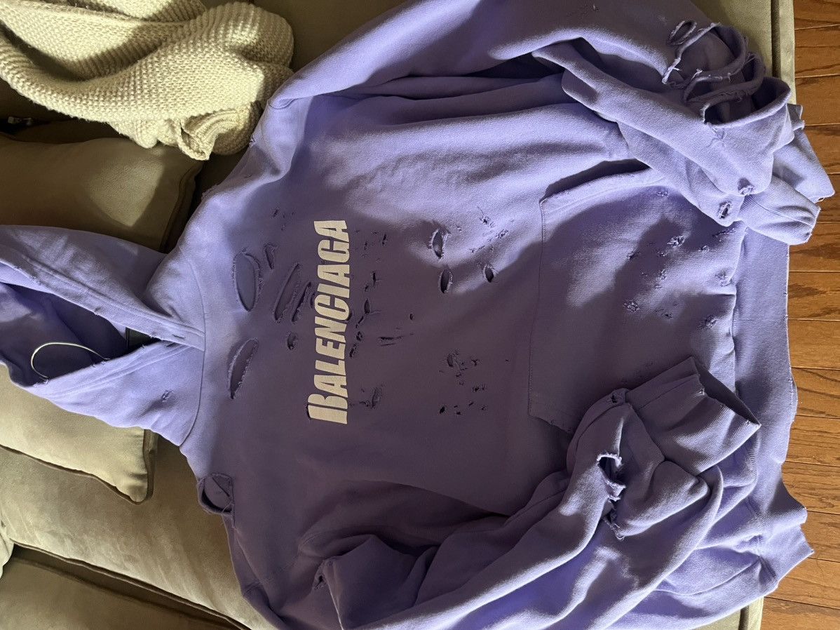 image of Balenciaga Logo Print Distressed Hoodie in Purple, Men's (Size Small)