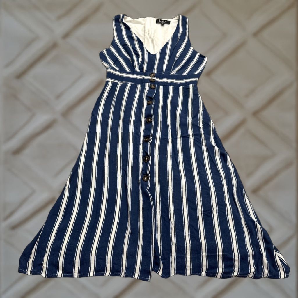 VINTAGE Lulus Women's A-Line Midi Dress Casual Sleeveless Striped Blue  White Summer Small