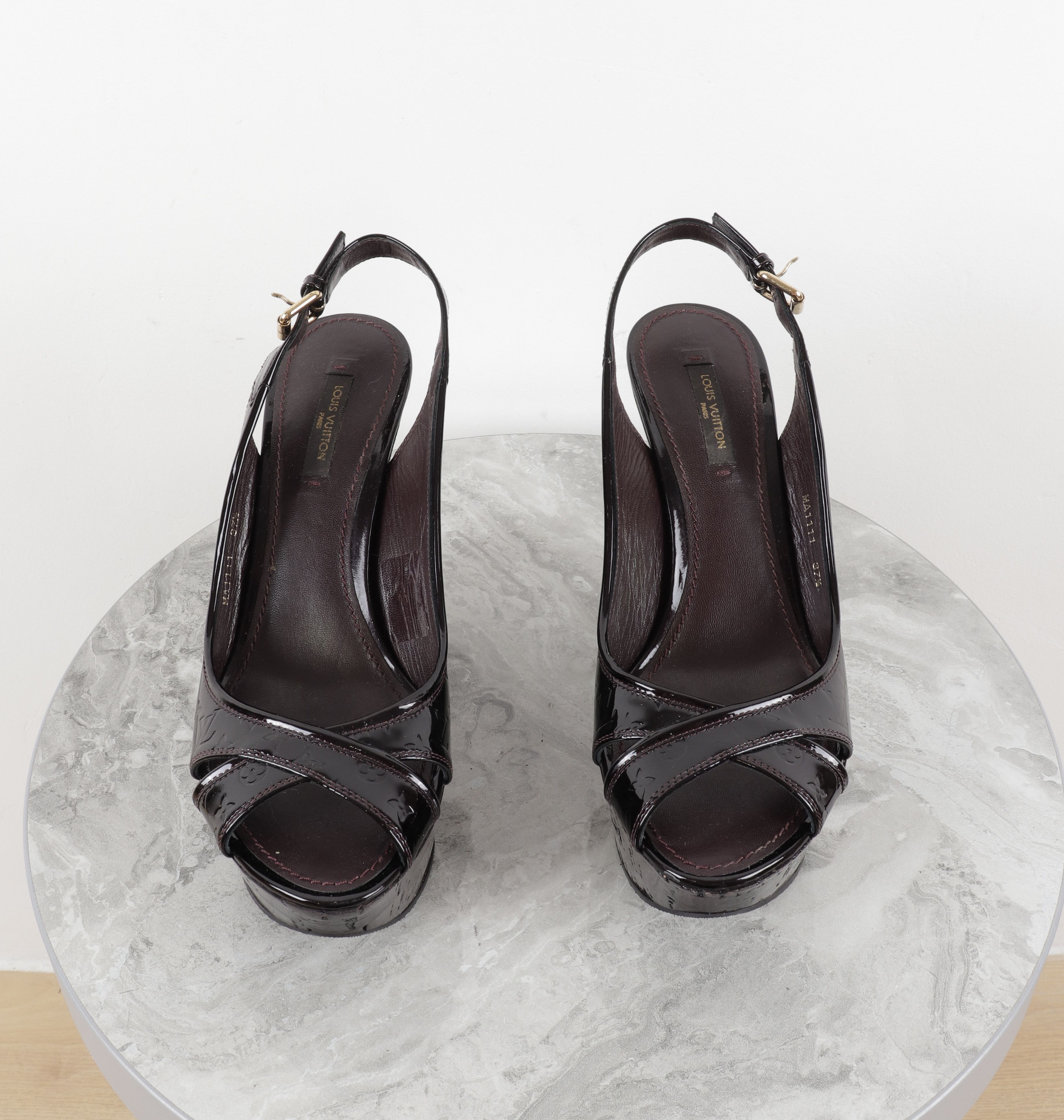 Louis Vuitton Louis Vuitton Monogram Patent Leather Burgundy Wedge Sandals Size US 7.5 / IT 37.5 - 13 Thumbnail