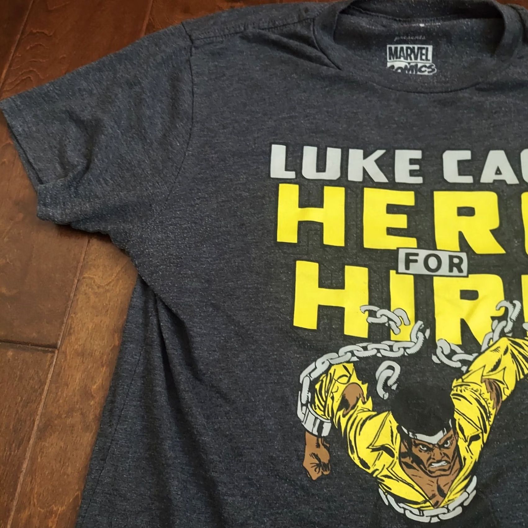 Vintage Marvel Luke Cage Hero For Hire Mens T-Shirt 70's Style Luke Under Logo Sz M Gray Short Sleeve Crew Neck Graphic Print Regular Tee Size US M / EU 48-50 / 2 - 6 Thumbnail