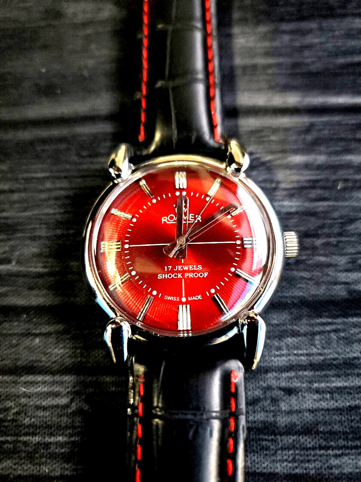 image of Roamers Roamer Brevete Mechanical Swiss Watch Resto Silv-Rd-Blk in Black Leather, Men's