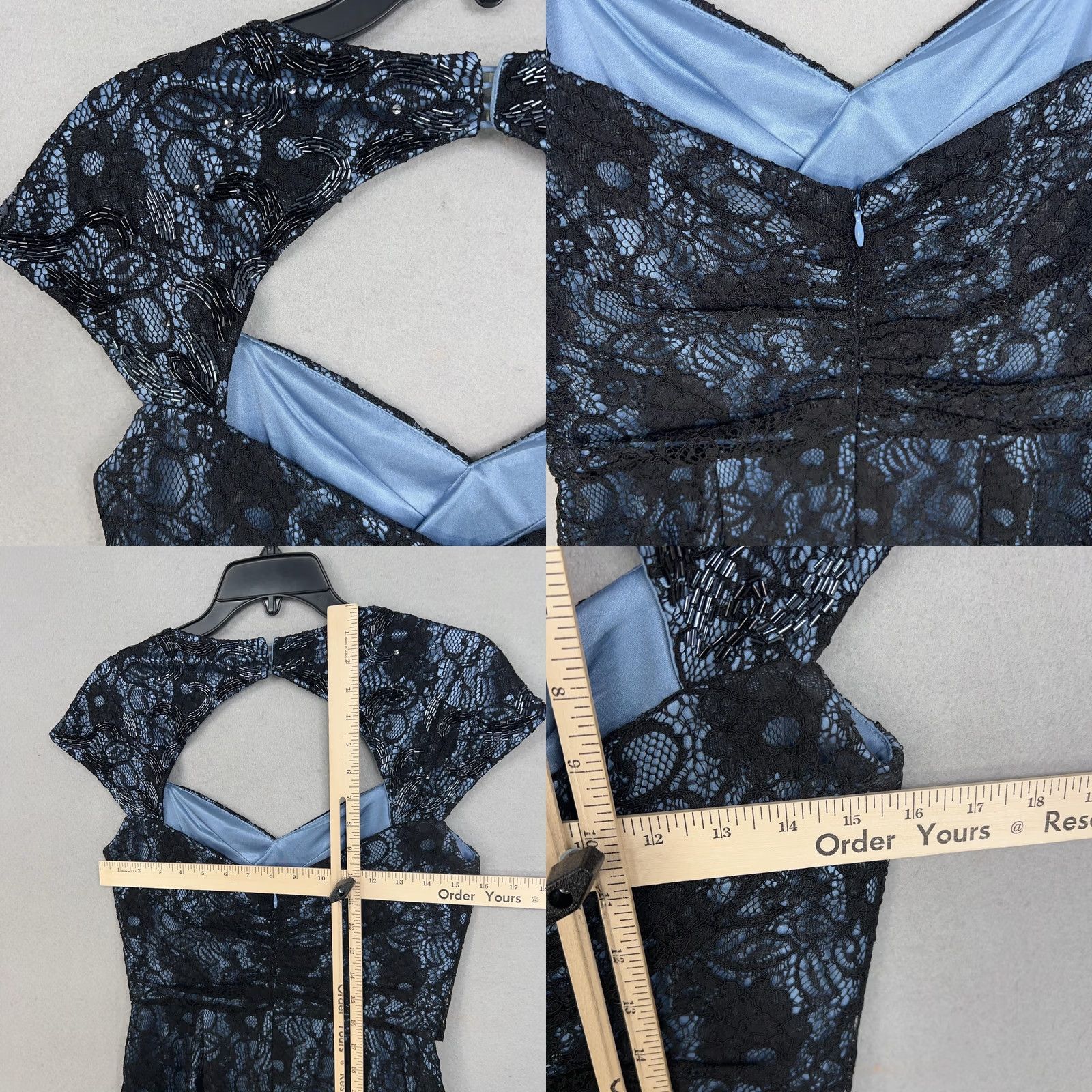 Vintage Patra Dress Womens 6 Black Lace Beaded Blue Satin Cocktail Party Cap Sleeve Size M / US 6-8 / IT 42-44 - 9 Thumbnail
