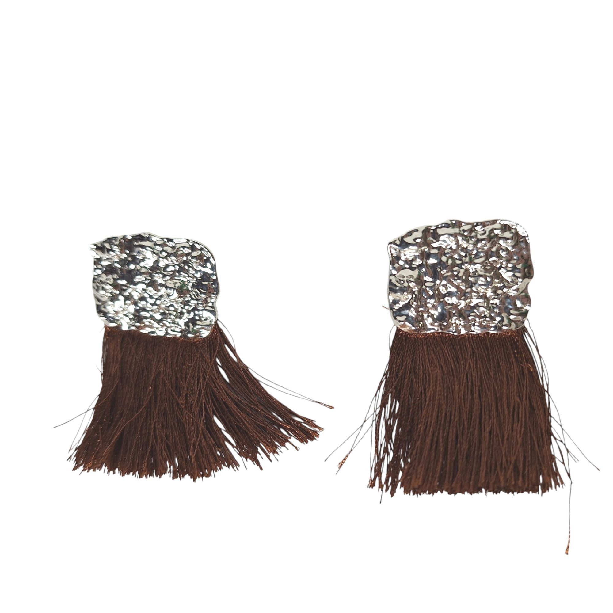 Other Hammered Silver Brown Tassel Fringe Earrings Boho Chic State Size ONE SIZE - 1 Thumbnail