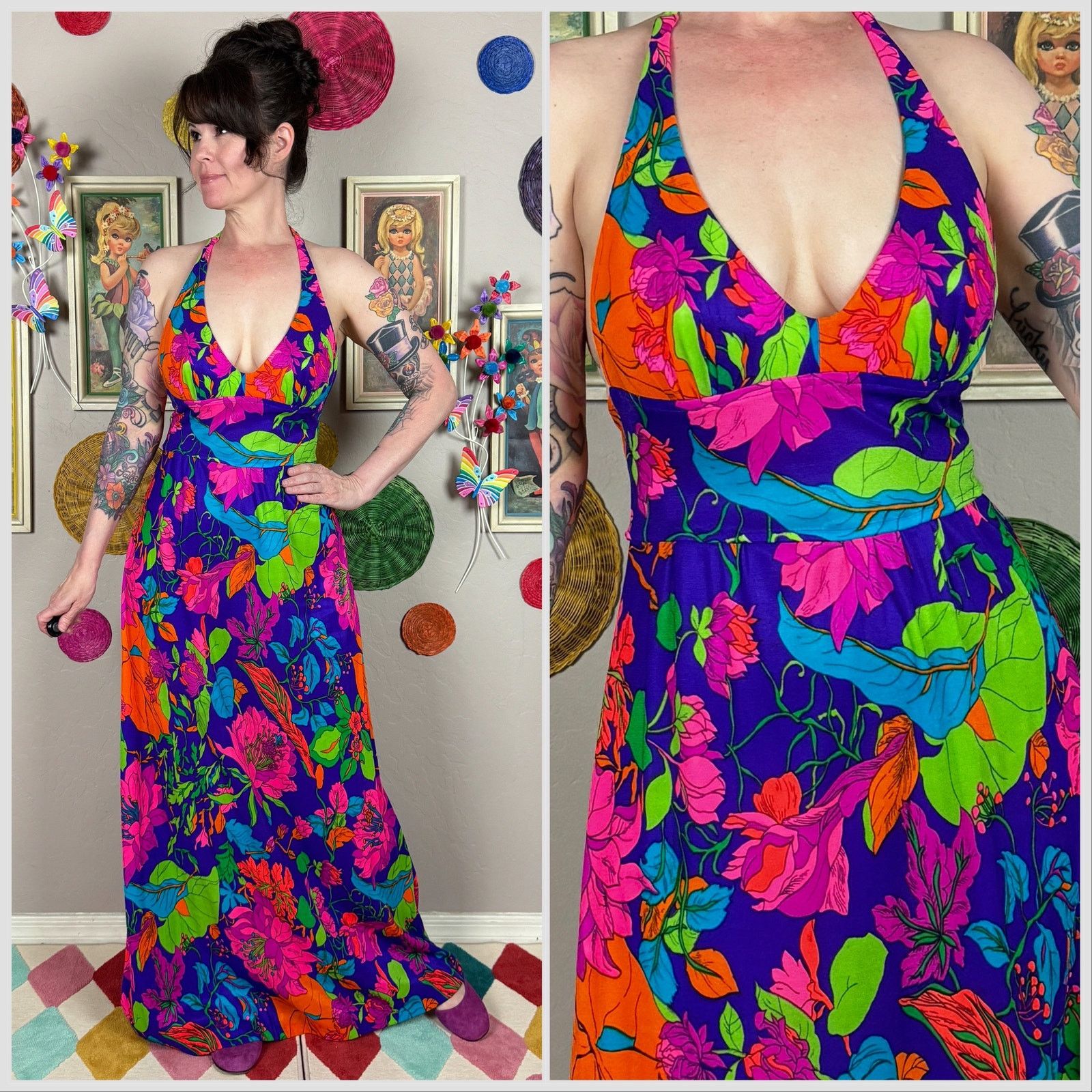 1970s Day Glo Hawaiian Psychedelic Floral Halter Maxi Dress