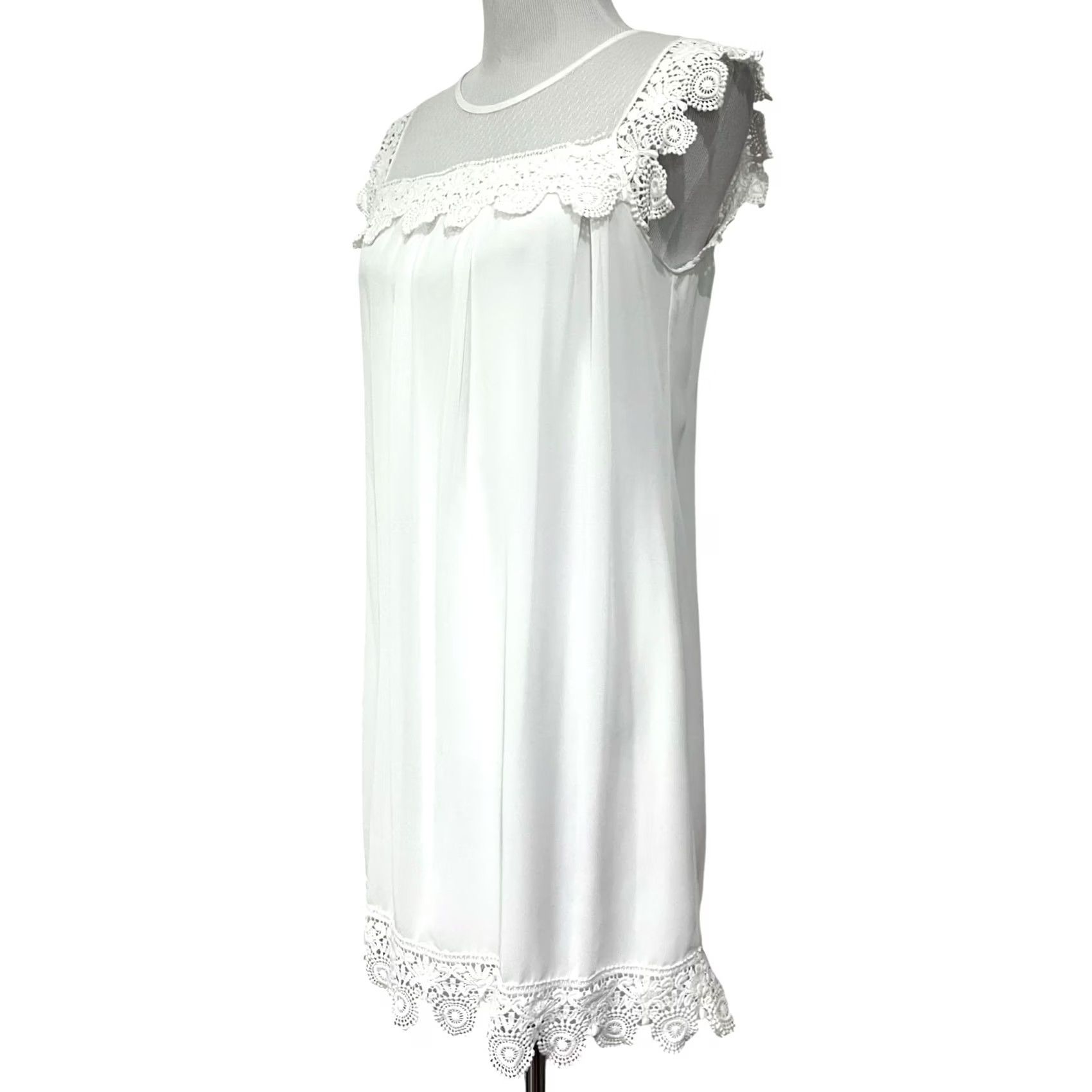 Vintage City Triangles Women's White Mini Shift Dress Chiffon Lace Trim Size M Mid 35" Length White Womens Shift Dress Size M / US 6-8 / IT 42-44 - 4 Thumbnail