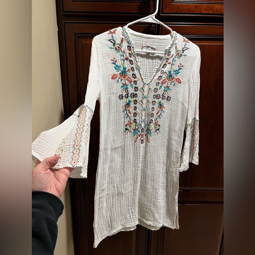 Johnny Was Johnny Was White Lined Multicolored Embroidery Dress - XS Size XS / US 0-2 / IT 36-38 - 5 Thumbnail