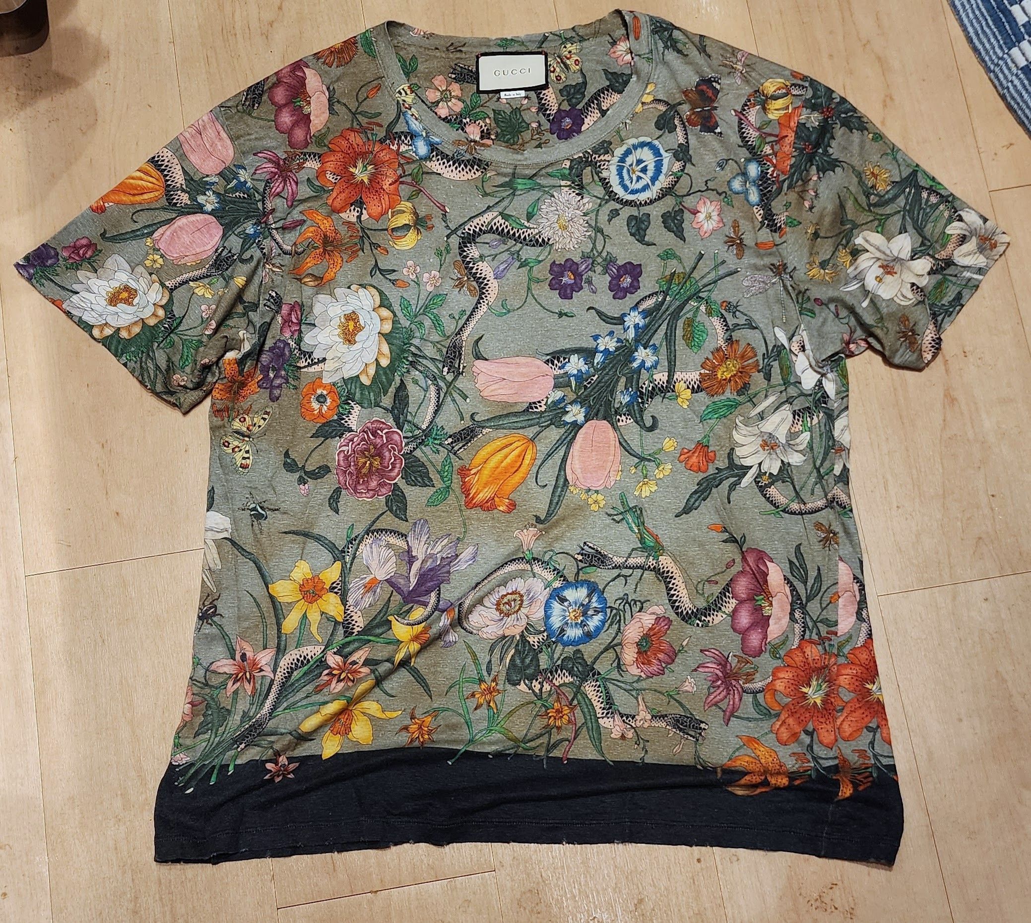 Gucci GUCCI Linen Floral Snake Print Damage Processing T-shirt XL Size US XL / EU 56 / 4 - 1 Thumbnail
