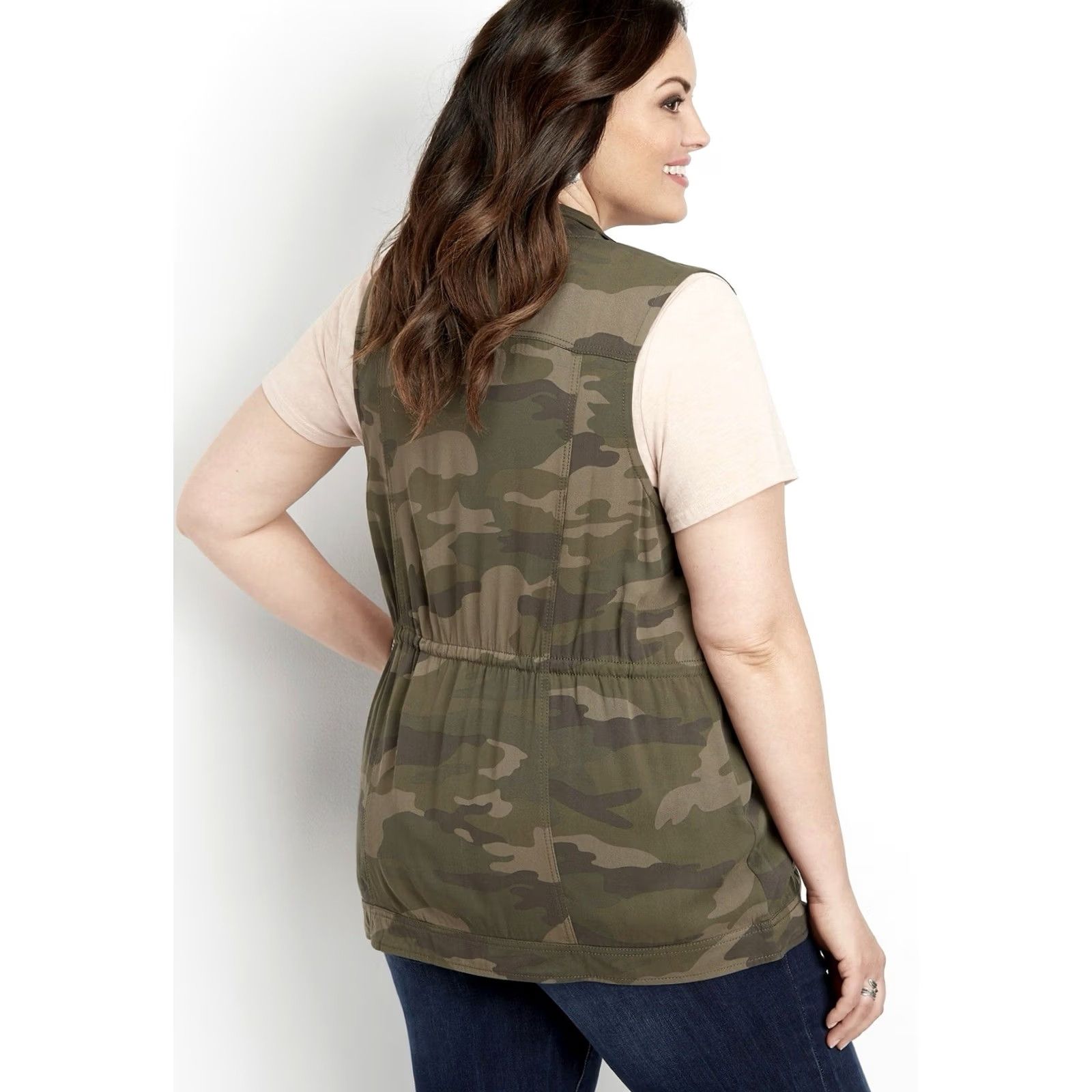 Vintage Maurices Women Green Camo Cinched Snap Front Sleeveless Drape Vest Plus Size 3X 3XL Size XXL / US 16-18 / IT 52-54 - 2 Thumbnail