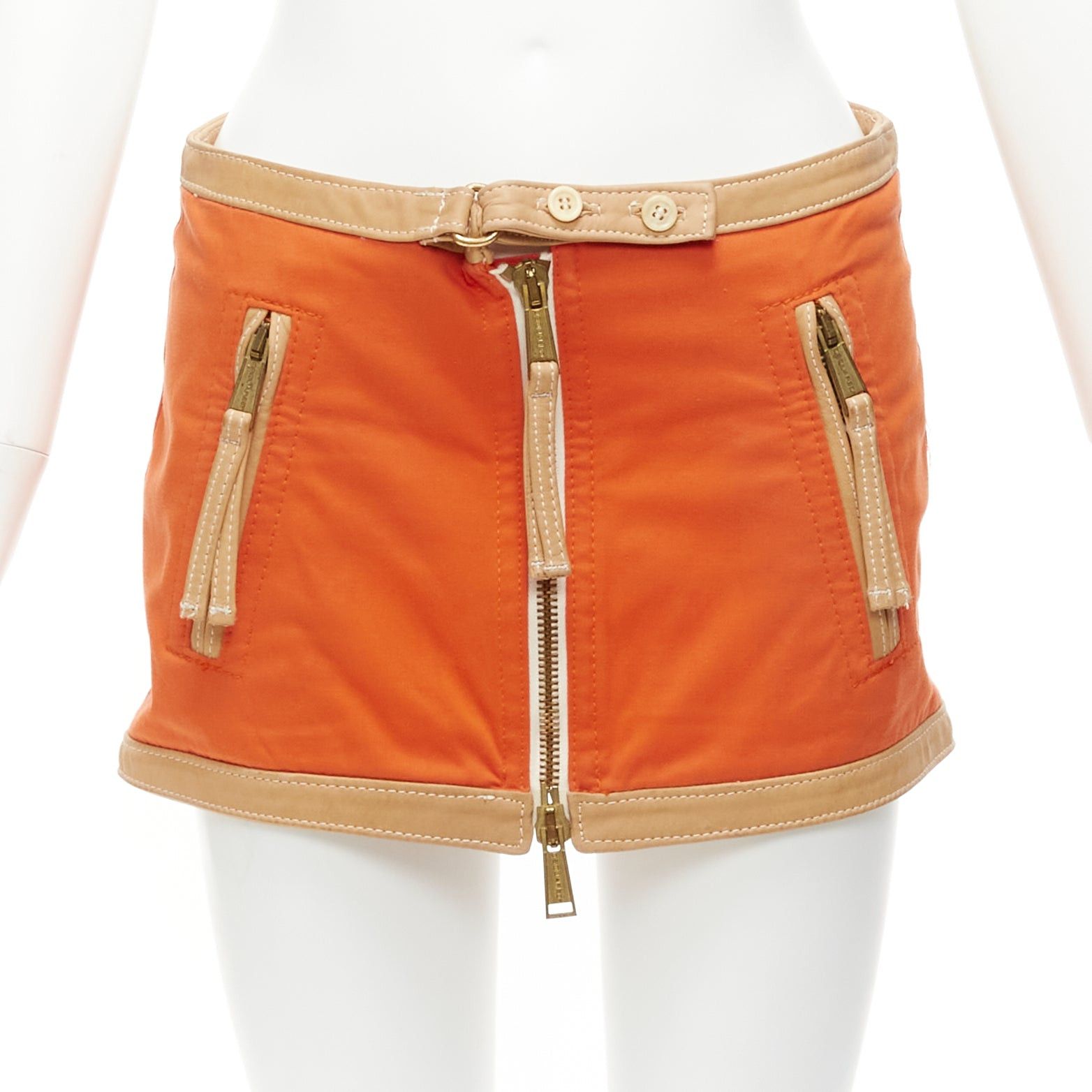 image of Dsquared2 Orange Beige Canvas Leather Zip Front Pocket Mini Skirt It38 Xs, Women's (Size 26)