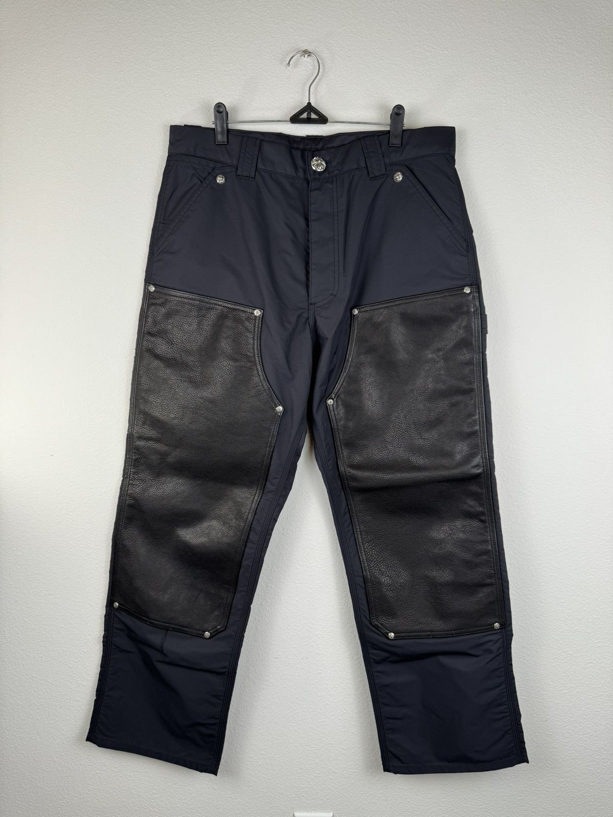 image of Chrome Hearts Leather Double Knee Nylon Carpenter Pants in Black, Men's (Size 33)