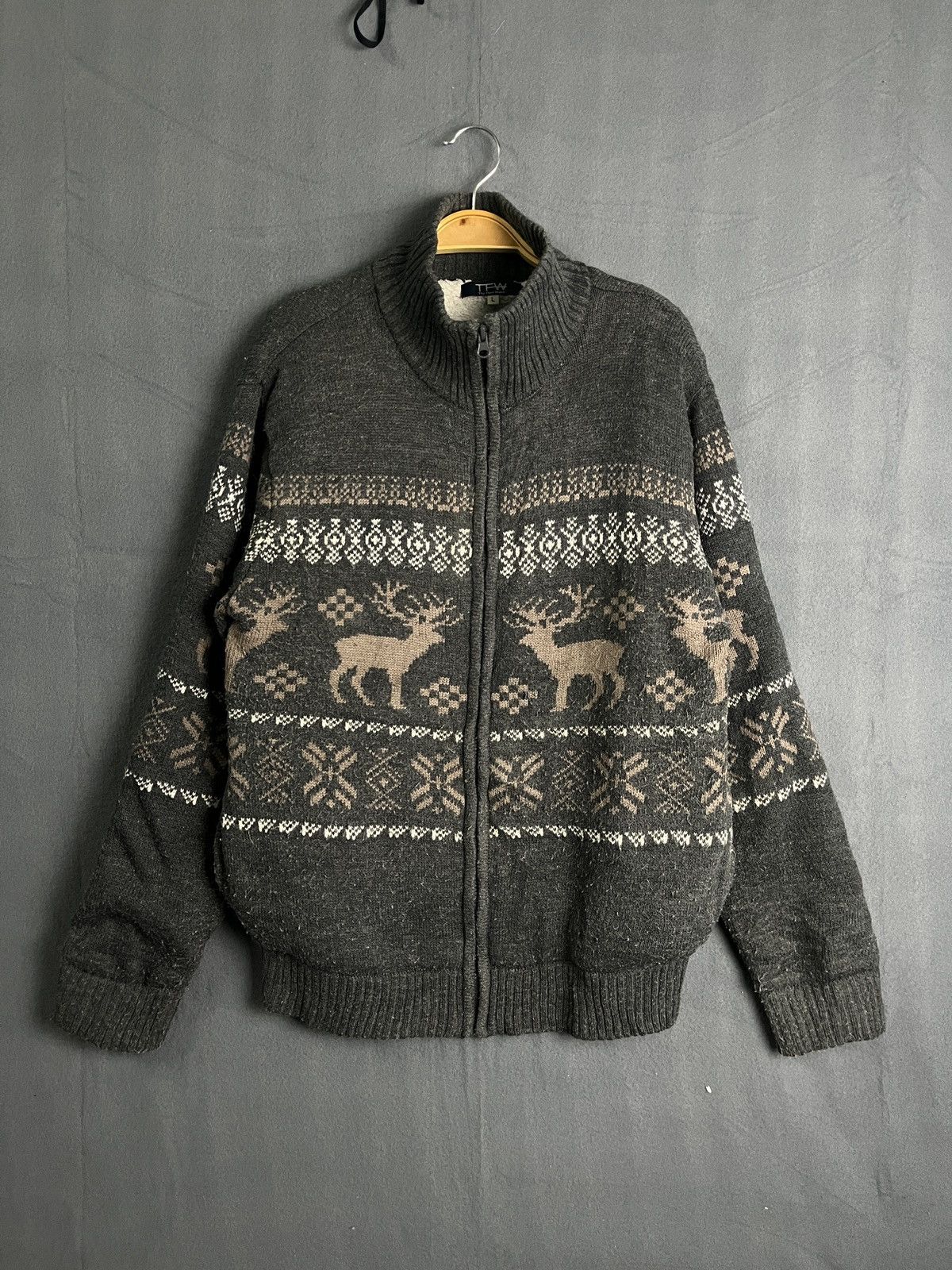 Aran Isles Knitwear × Homespun Knitwear × Vintage KNIT ZIP UP SWEATER TURTLE NECK MOOSE DESIGN Size US L / EU 52-54 / 3 - 6 Thumbnail