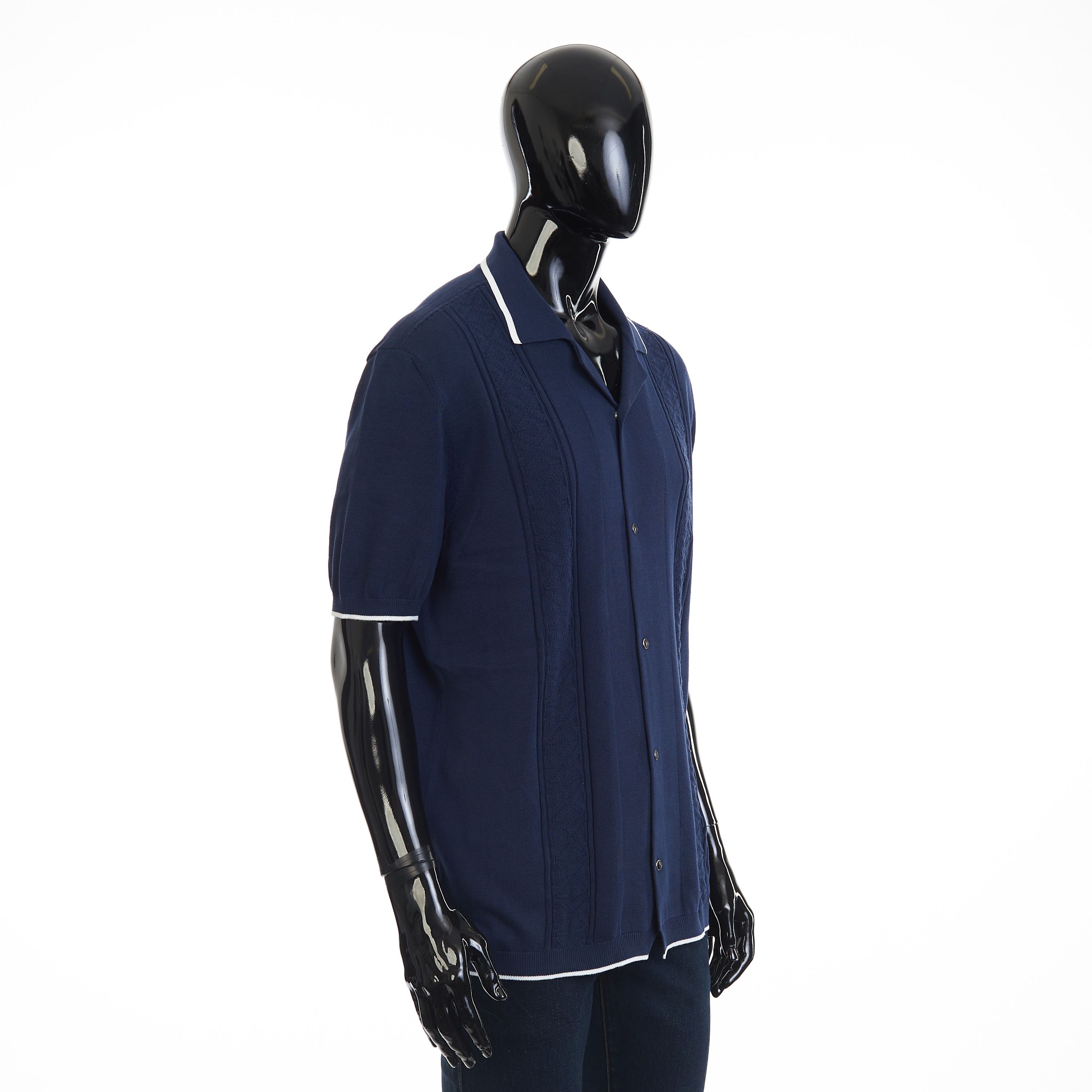 Brunello Cucinelli Navy Blue Short Sleeve Knit Shirt - Cotton Jacquard Rib Size US XL / EU 56 / 4 - 7 Thumbnail