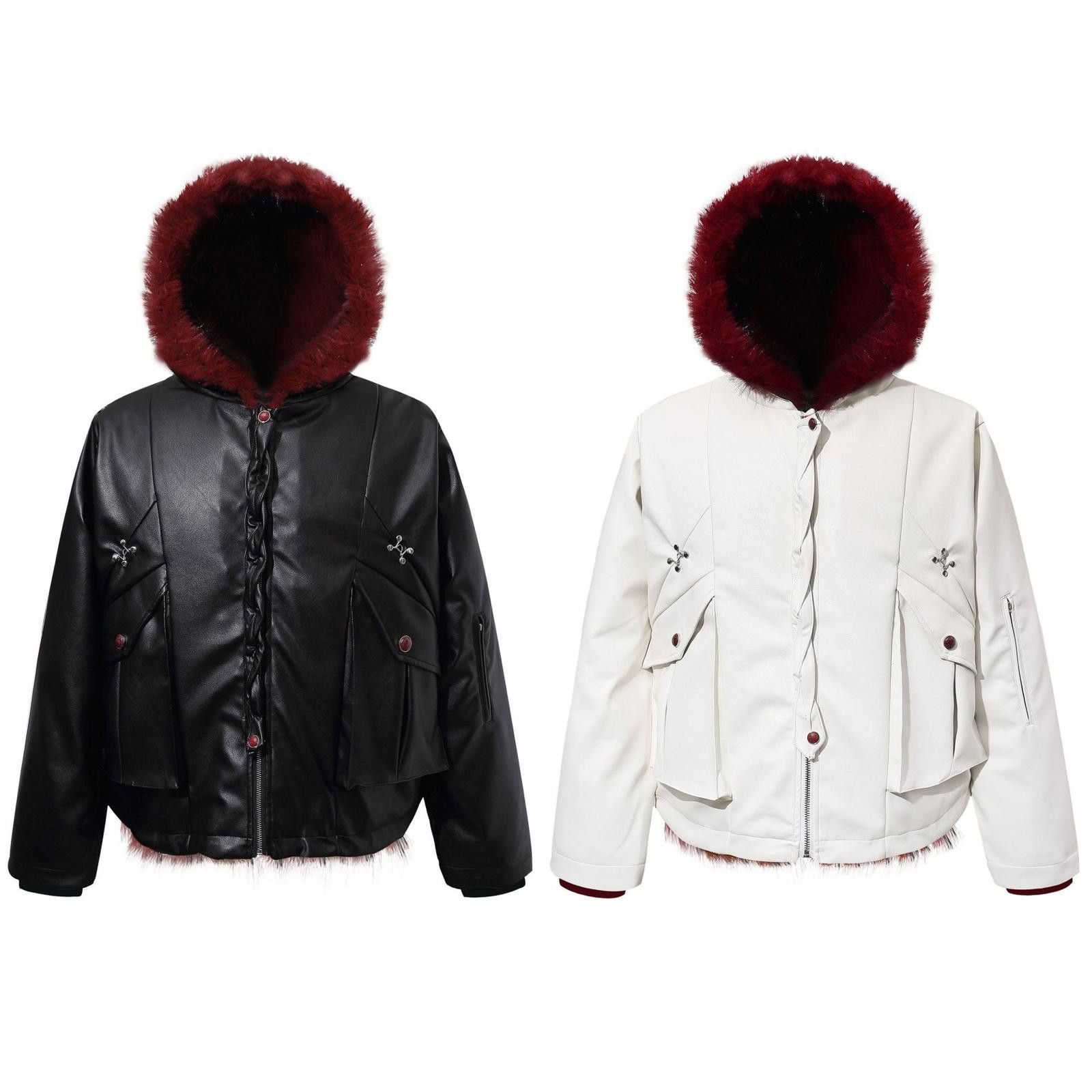 Japanese Brand Black Faux Leather Hooded Jacket with Burgundy Fur Trim Size US M / EU 48-50 / 2 - 5 Thumbnail