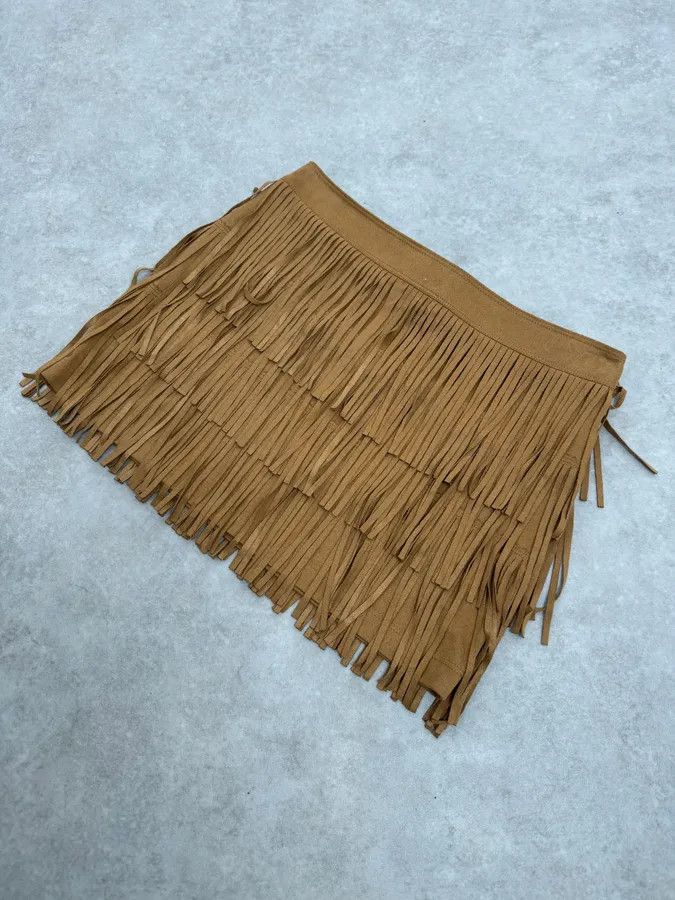 Vintage 2000s Plein Sud Camel Fringe Skirt Size 26" / US 2 / IT 38 - 5 Thumbnail