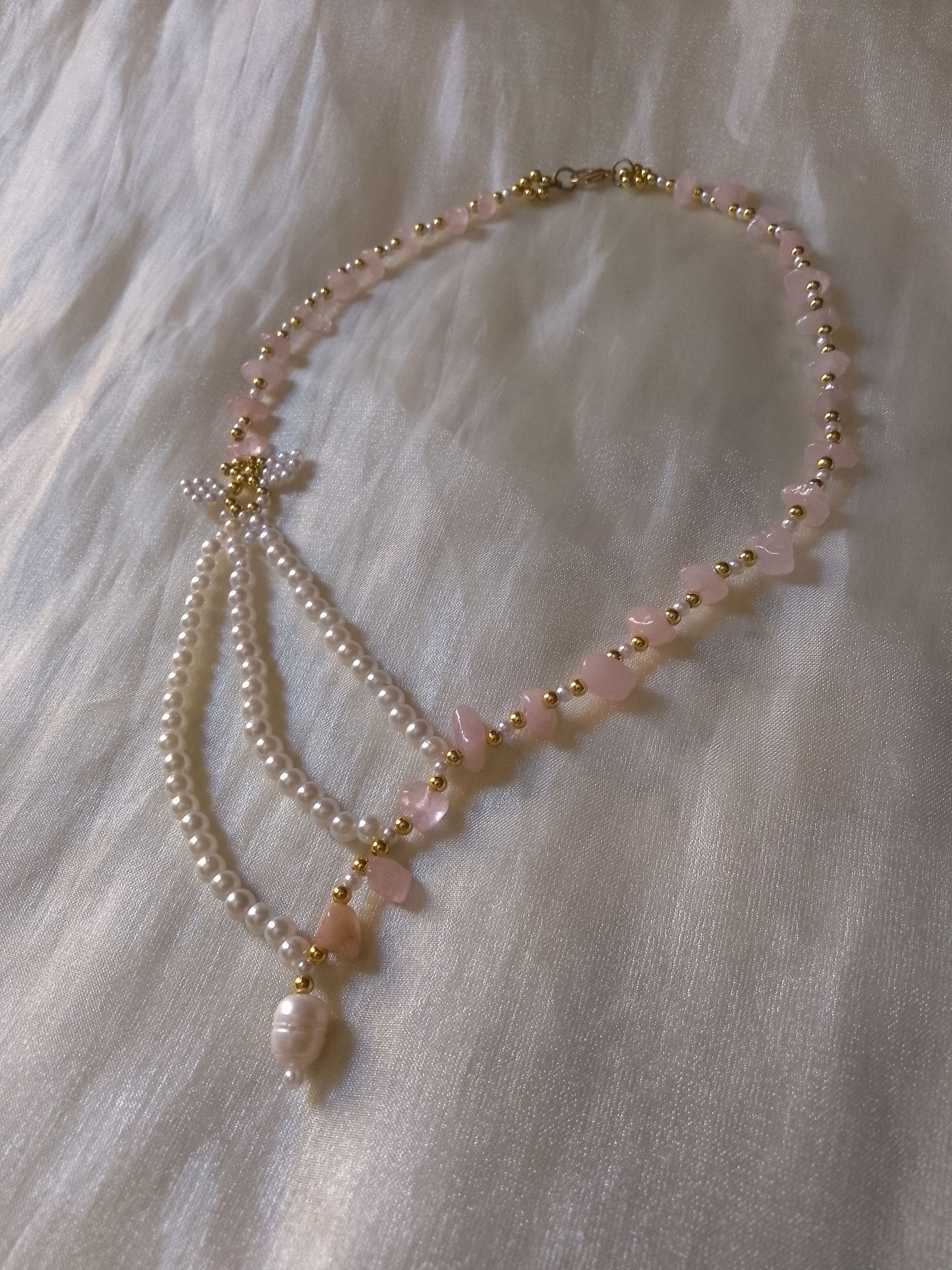 Handmade Necklace Rose Quartz Pearls Elegant Multi thread Size ONE SIZE - 7 Thumbnail