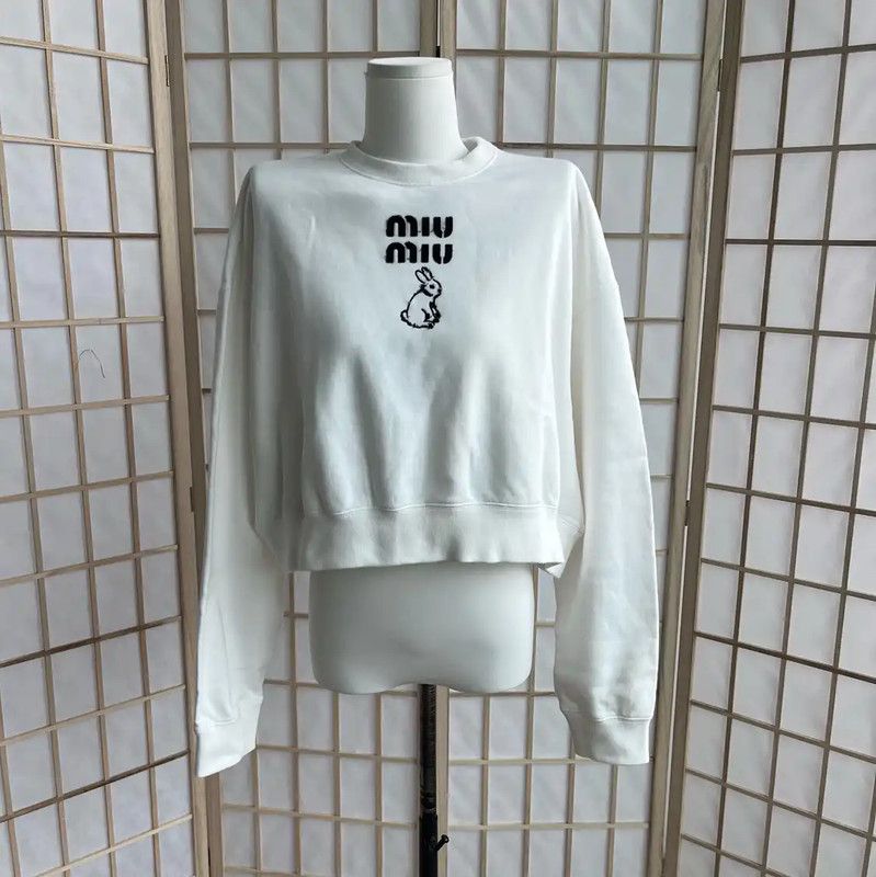 Miu Miu Miu Miu Women's White Cotton Cropped Sweatshirt 0089 Size XS / US 0-2 / IT 36-38 - 1 Thumbnail