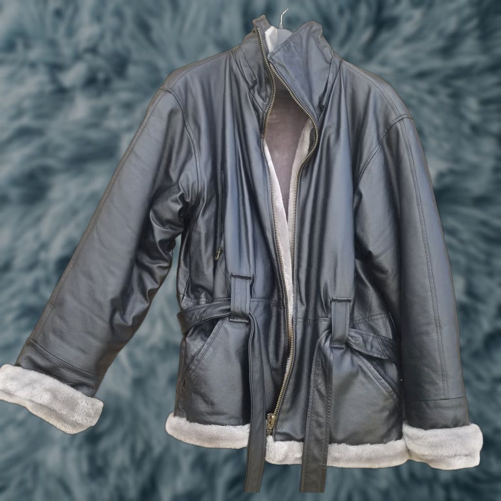 Vintage VINTAGE Wilda Leather Coat Jacket Black Gray Faux Fur Lined Zip Front Belted Collared Mid-Length Womens S Coat & Jacket Mix City Classic Size S / US 4 / IT 40 - 1 Thumbnail