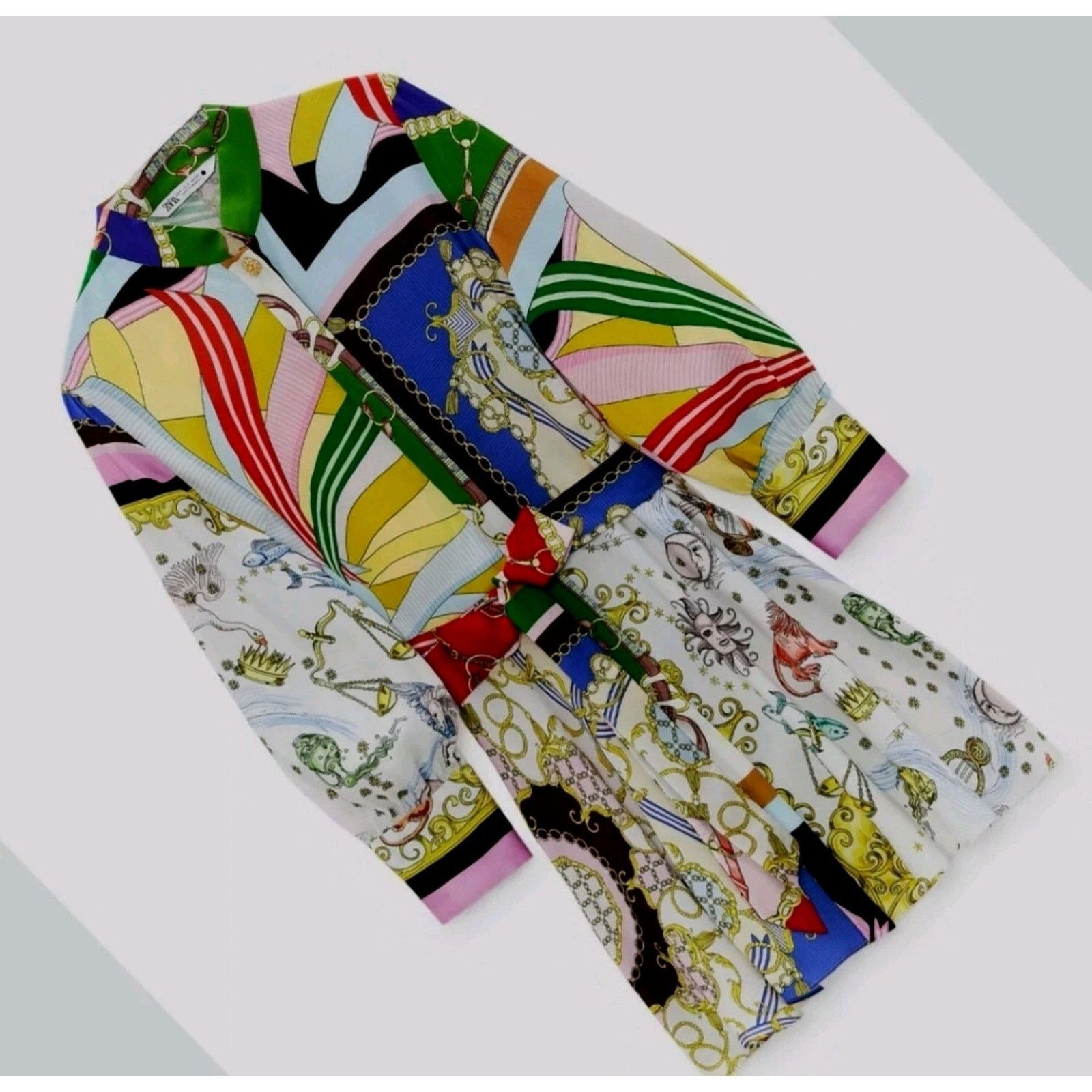 Zara Zara Size L Chain Scarf Print Shirt Dress Satin Zodiac Short Size L / US 10 / IT 46 - 8 Thumbnail