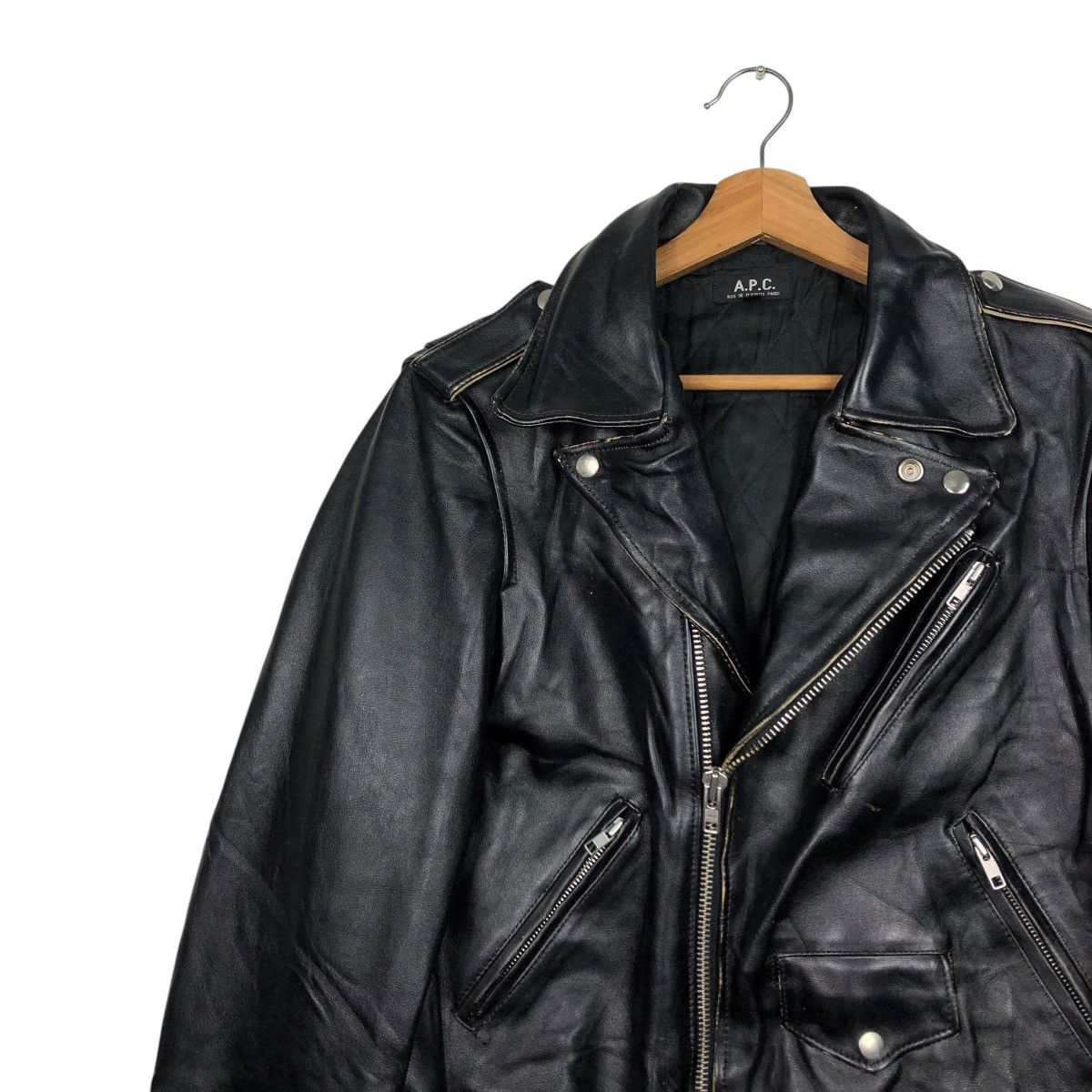A.P.C. 🔥VINTAGE BIKE LEATHER JACKET APC DOUBLE COLLAR ISSEY MIYAKE Size US M / EU 48-50 / 2 - 7 Thumbnail