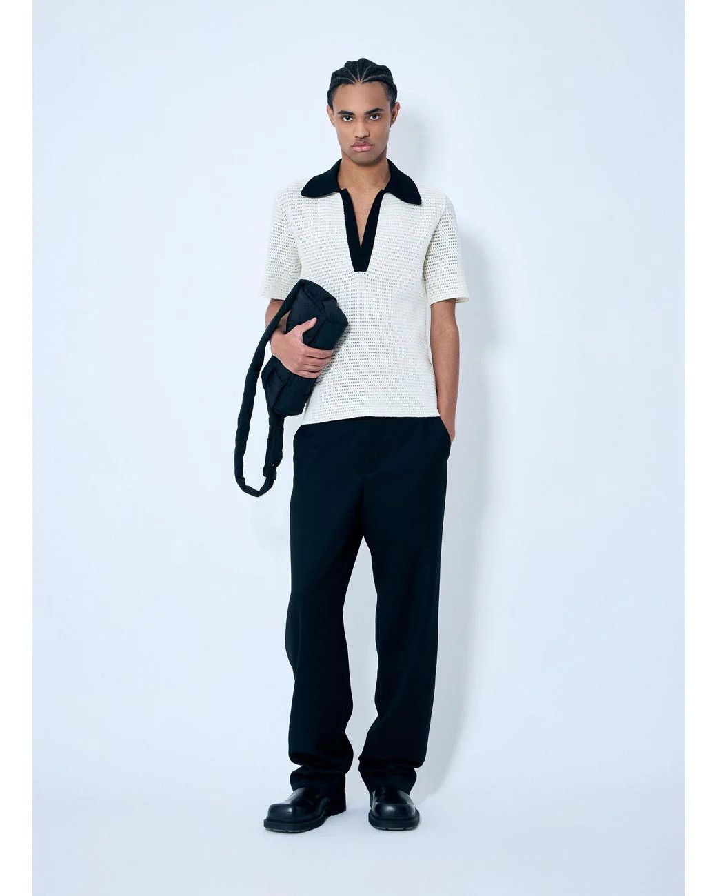 Jil Sander o1loc1c0426 Open Knit Polo Shirtin White/Black Size US L / EU 52-54 / 3 - 6 Thumbnail