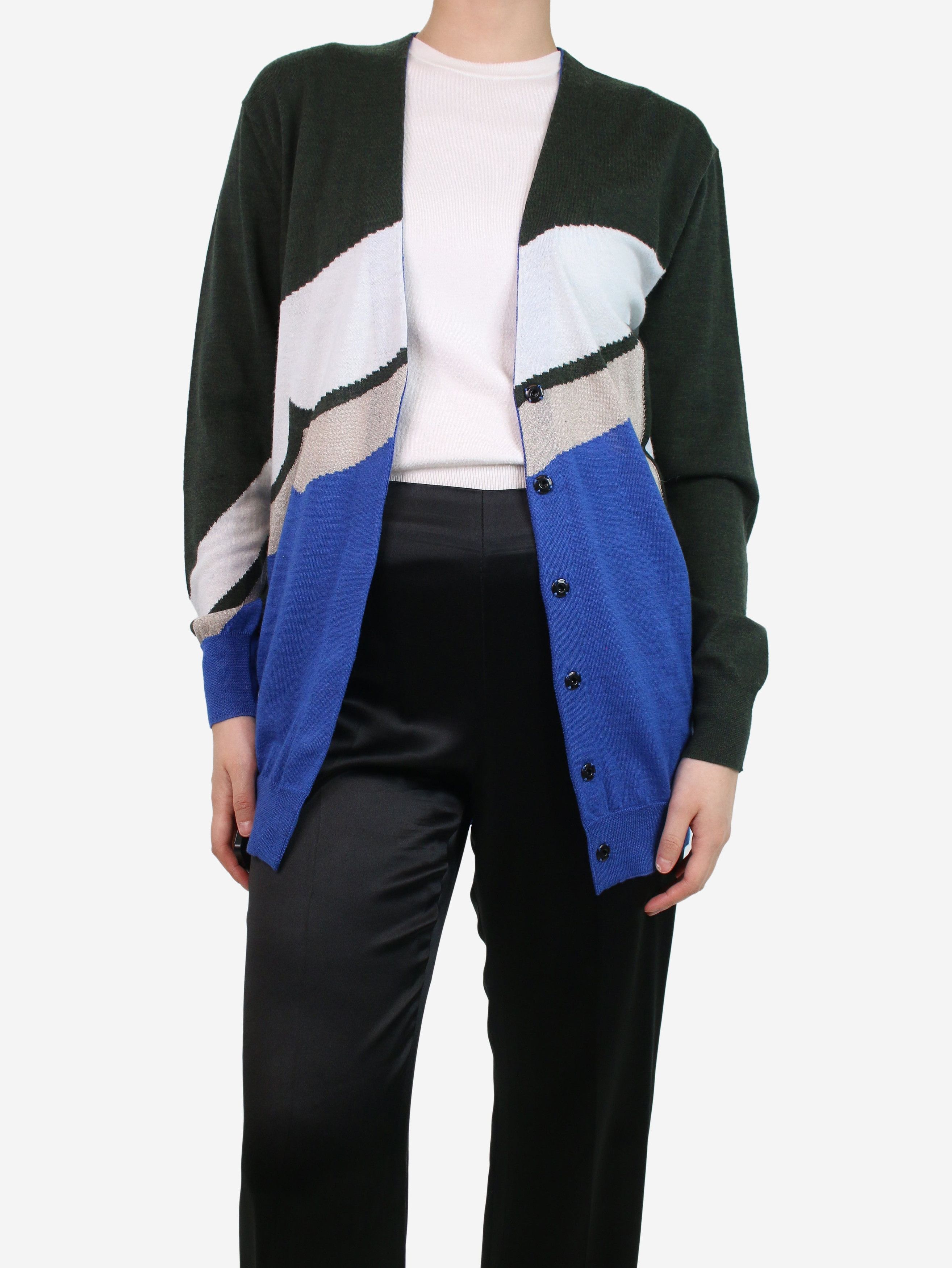 image of Dries Van Noten Blue Geometric Print Wool Button-Up Cardigan - Size S, Women's