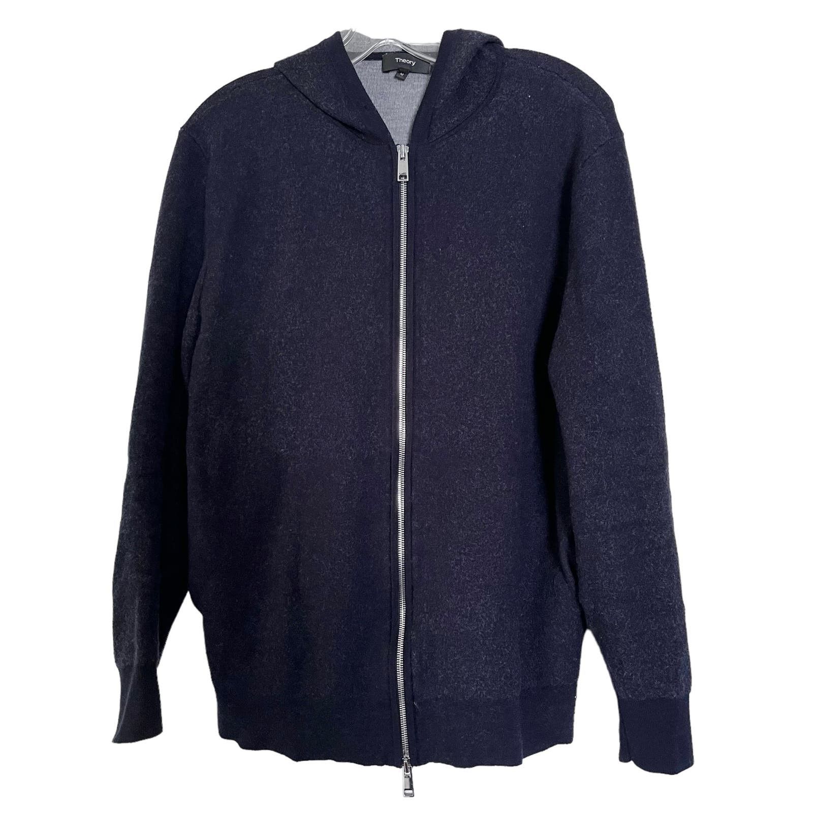 image of Theory Men’S Wool Blend Navy Gray Zip Hoodie Medium in Blue, Men's