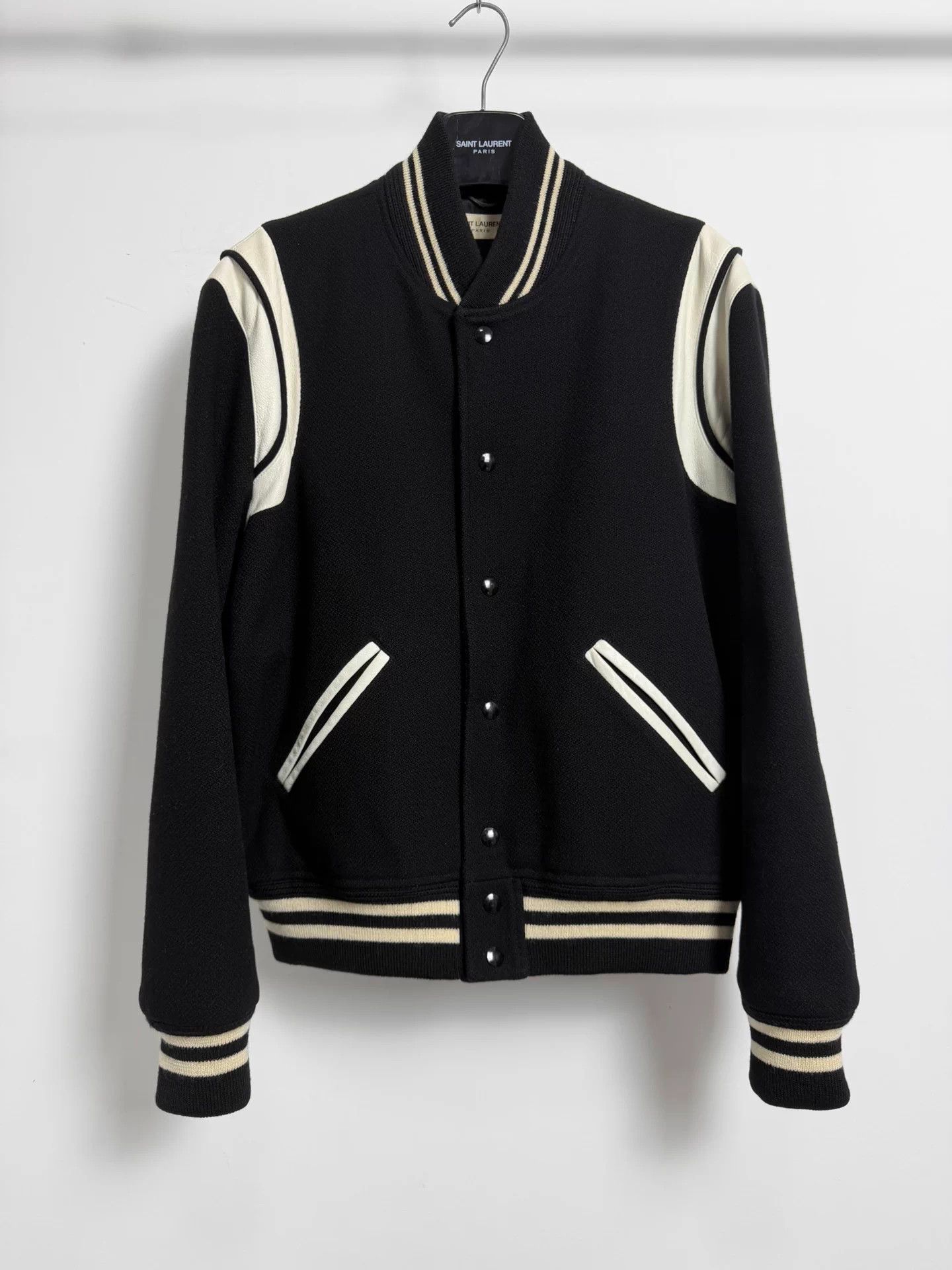 Saint Laurent Paris SLP 16ss black white leather thick wool bball jkt 50 Size US M / EU 48-50 / 2 - 1 Thumbnail