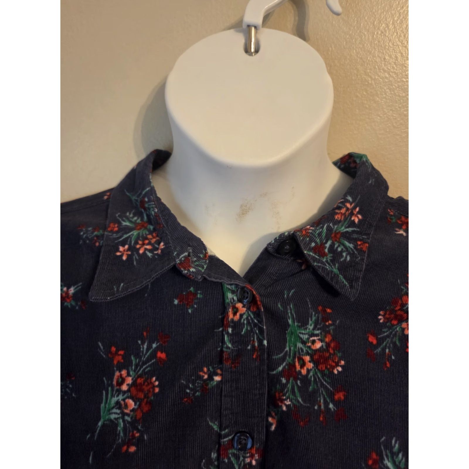 Vintage Woman Within Blue Floral Print Corduroy Button Up Top Shirt 1X 22 24 Size XL / US 12-14 / IT 48-50 - 2 Thumbnail