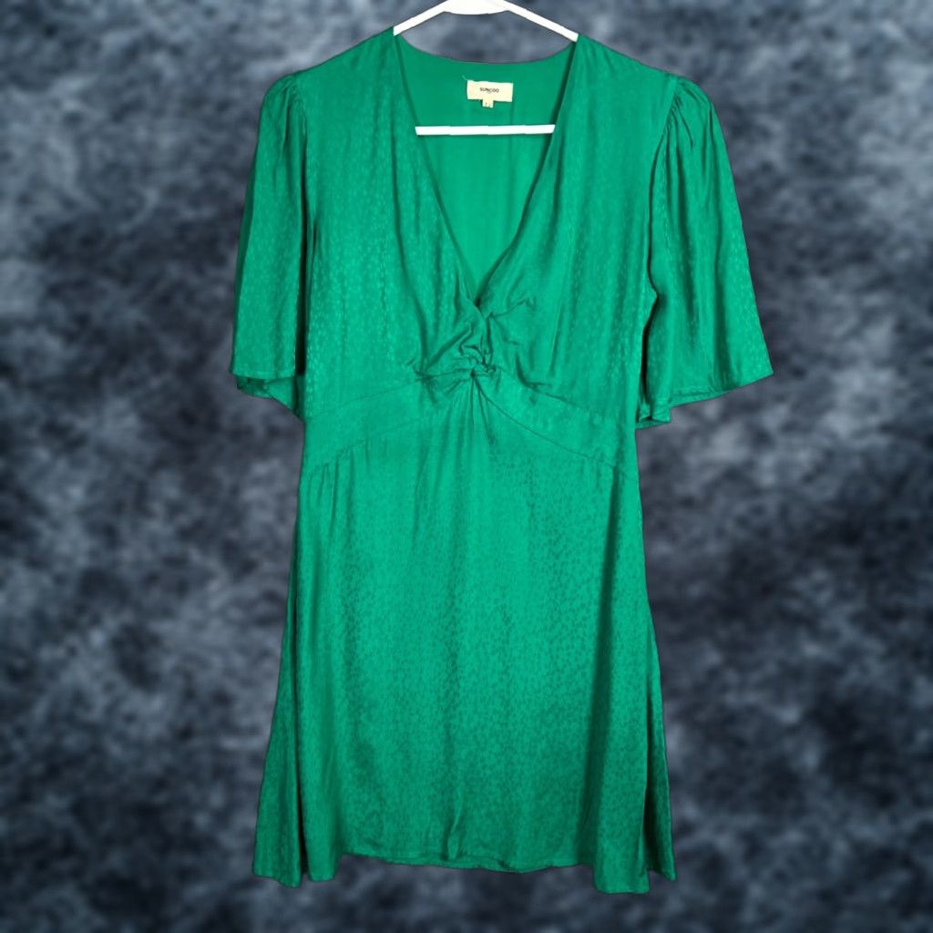 SUNCOO PARIS Green Midi Dress V-Neck Short Sleeve Knot Detail A-Line Size 2  Womens - ilac.rochib.com