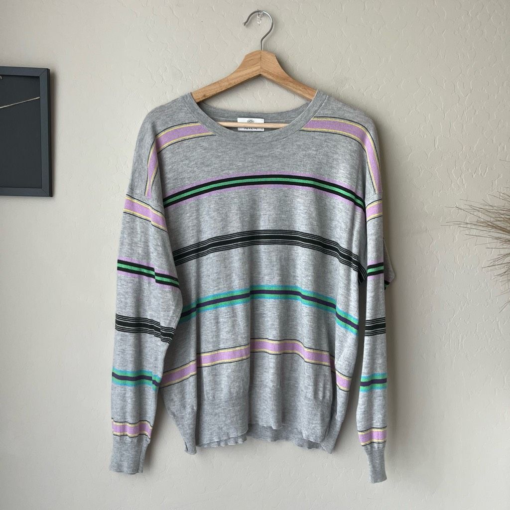 Allude Allude Gray Cashmere Blend Multicolor Striped Long Sleeve Cr Size L / US 10 / IT 46 - 1 Thumbnail