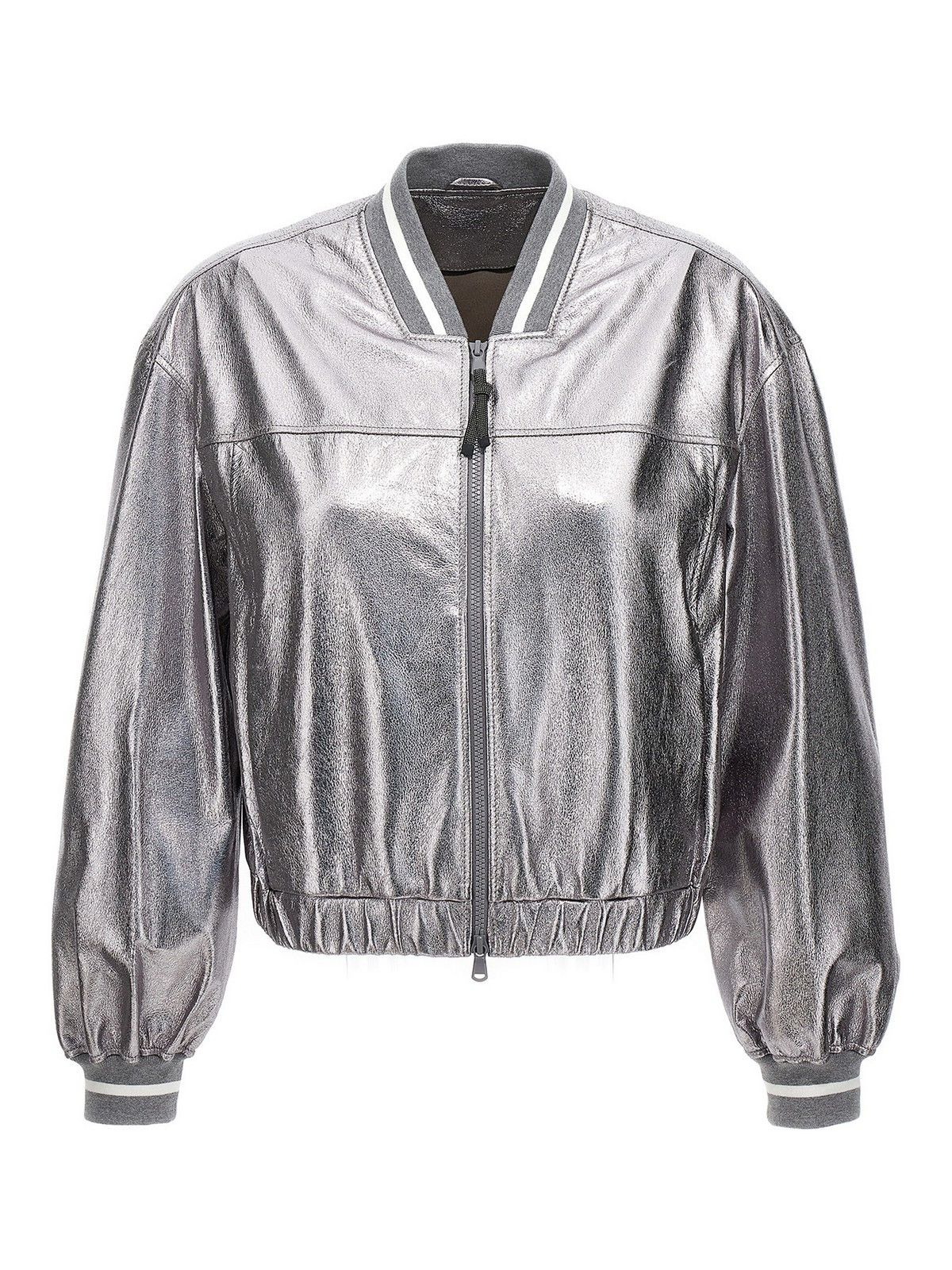 Brunello Cucinelli o1y0725 Leather Bomber Jacket in Silver Size XS / US 0-2 / IT 36-38 - 1 Thumbnail
