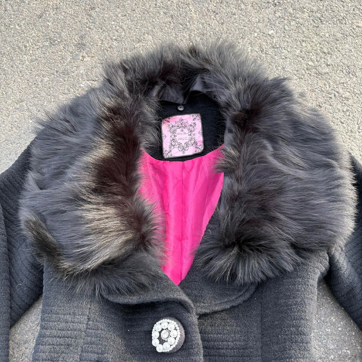 Japanese Brand Honey Bunch Black Wool Coat with Faux Fur Collar Y2K Size S / US 4 / IT 40 - 4 Thumbnail