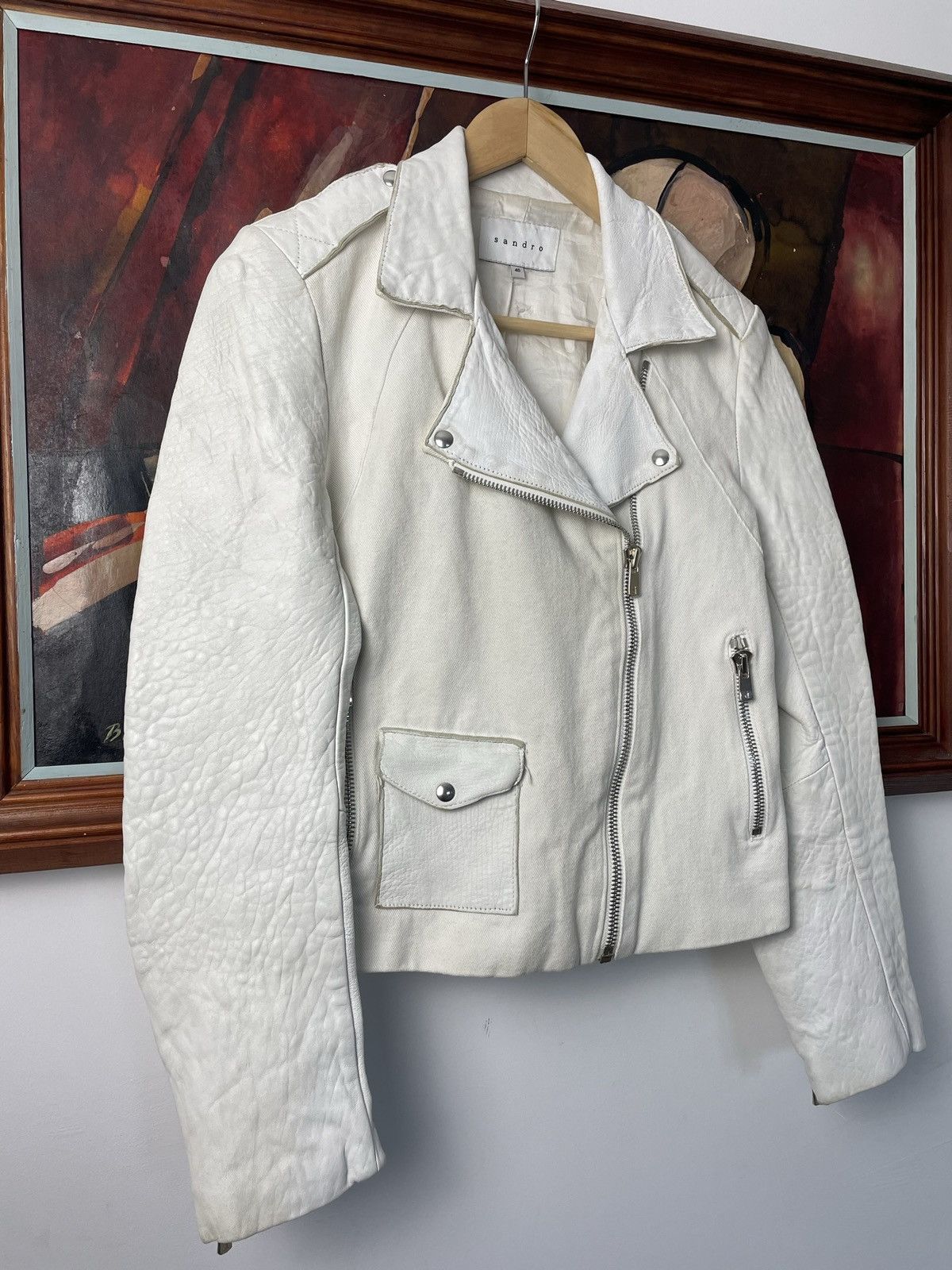 Sandro Sandro Paris Cream White Biker Leather Jacket Designer Rare Size M / US 6-8 / IT 42-44 - 2 Thumbnail