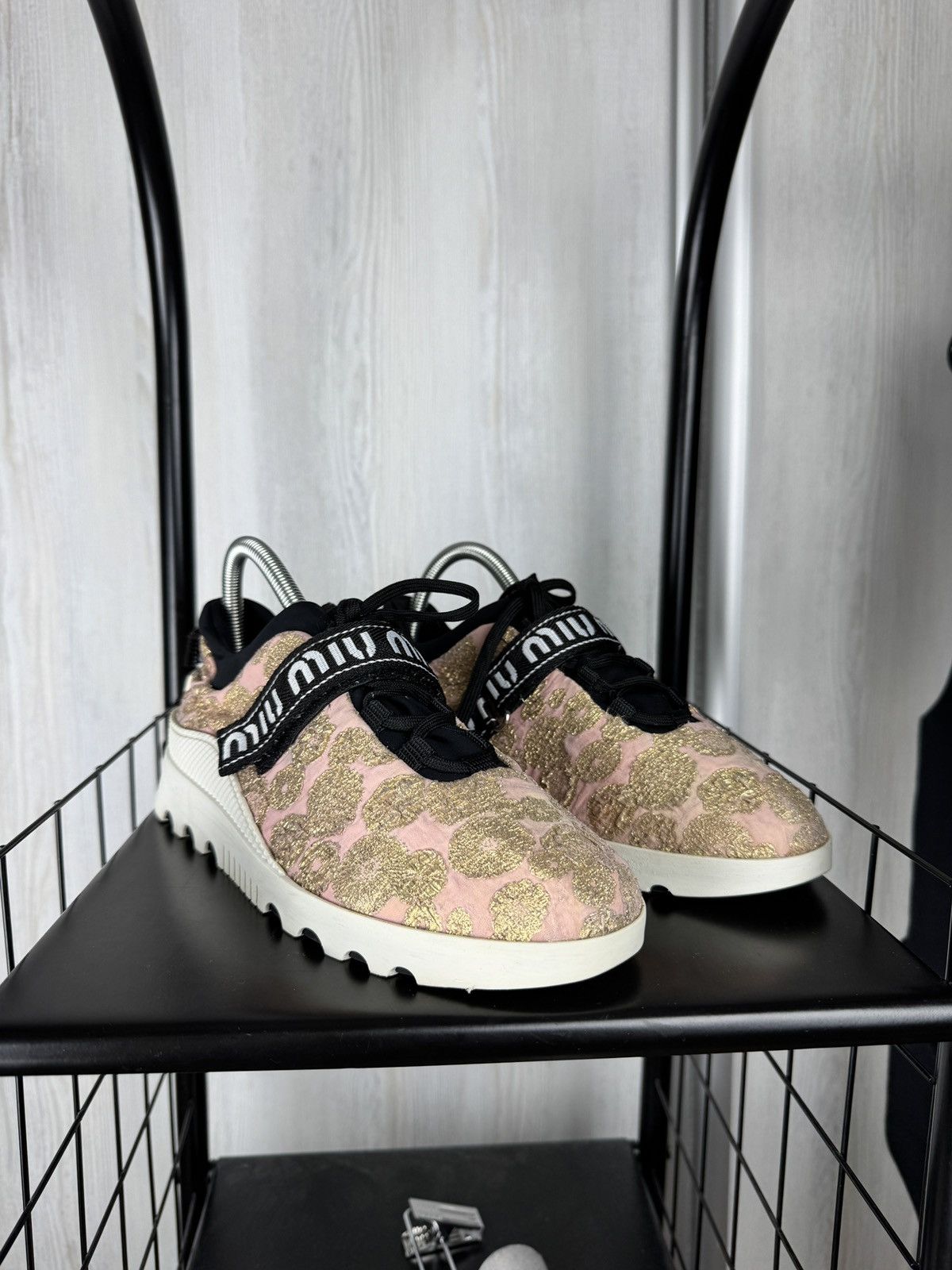 Miu Miu MIU MIU Prada Pink Gold Platform Sneakers With Logo Strap 40 Size US 10 / IT 40 - 1 Thumbnail