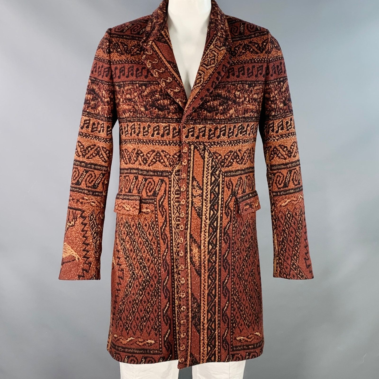 Brown Black Tapestry Jacquard Wool Blend Hidden Snaps Coat