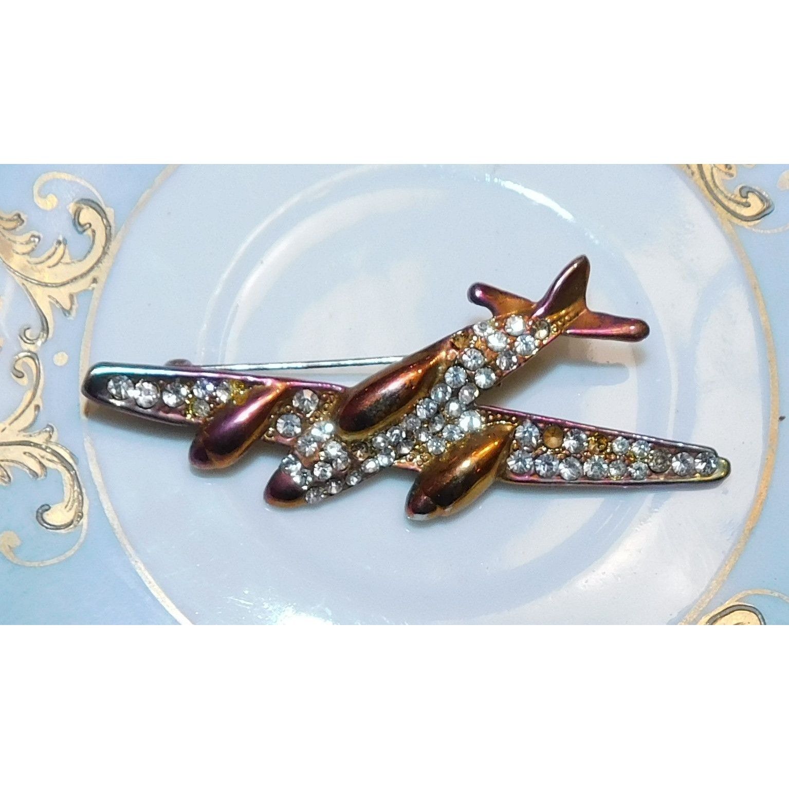 Other Vintage Anodized Airplane Brooch With Rhinestone Accents Size ONE SIZE - 2 Thumbnail