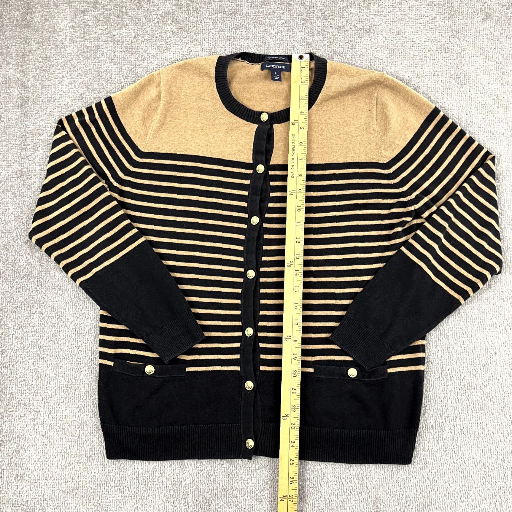 Lands' End LAND END Sweater Cardigan Womens Large 14-16 Blue Brown Striped Nautical Pockets Size L / US 10 / IT 46 - 3 Thumbnail