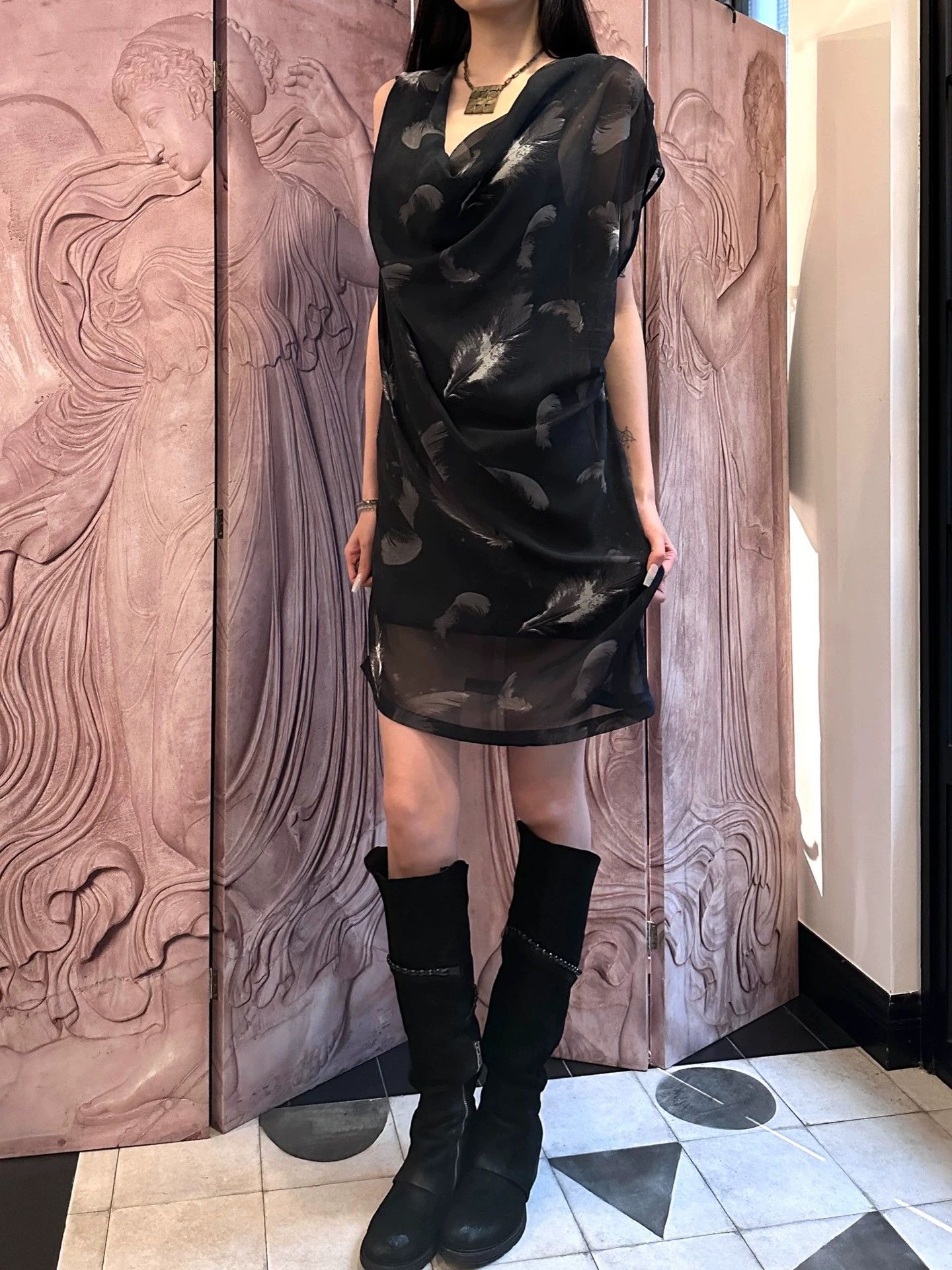 Other UK Brand Dbl Feather Print Irr Sw Neck Vtg Dress Size M / US 6-8 / IT 42-44 - 3 Thumbnail
