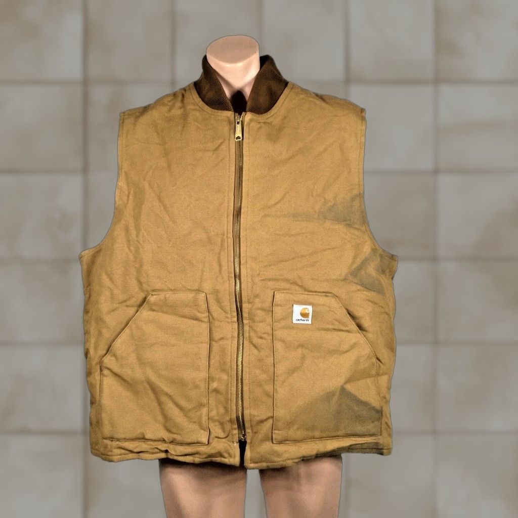 VINTAGE Carhartt Vest Canvas Insulated Lined Nylon 2XL Brown Logo Zip Quilt Windproof Casual Workwear Men Mens